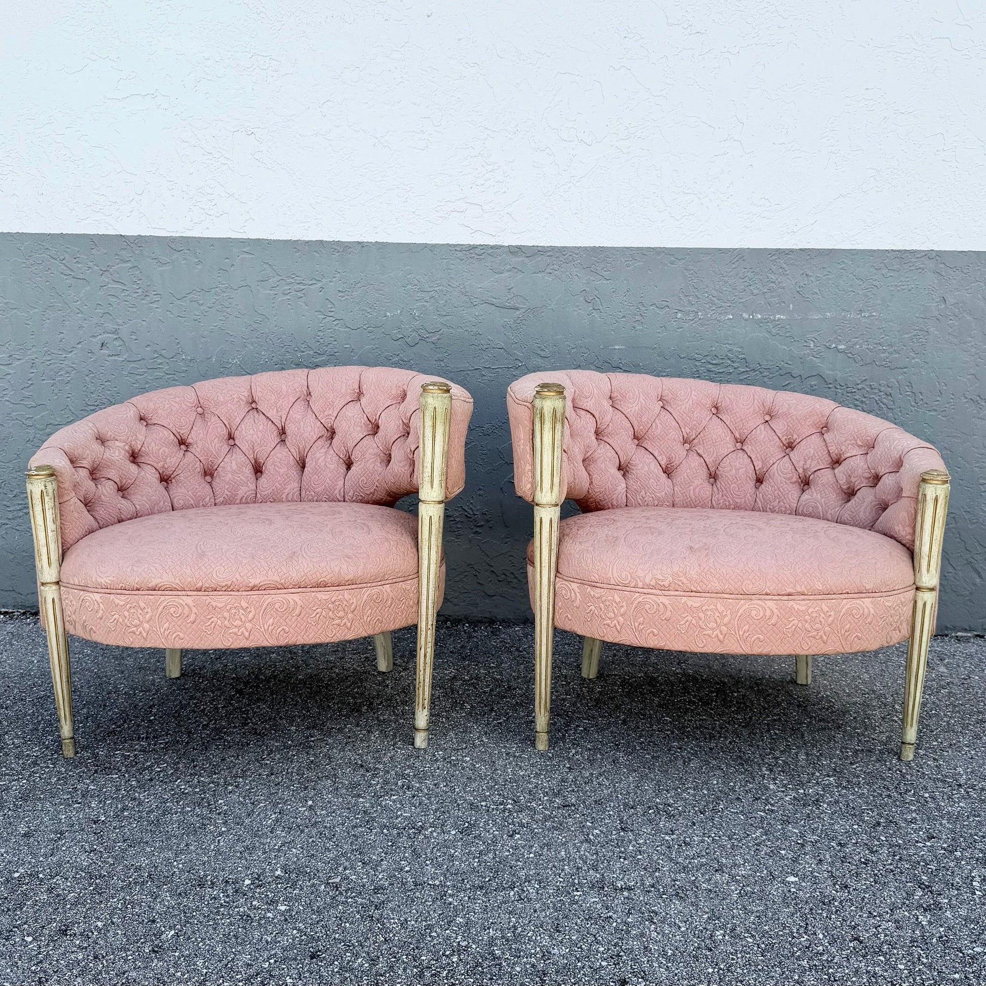 Vintage French-Style Tufted Pink Barrel Accent Chairs - A Pair Dolphin & Flamingo