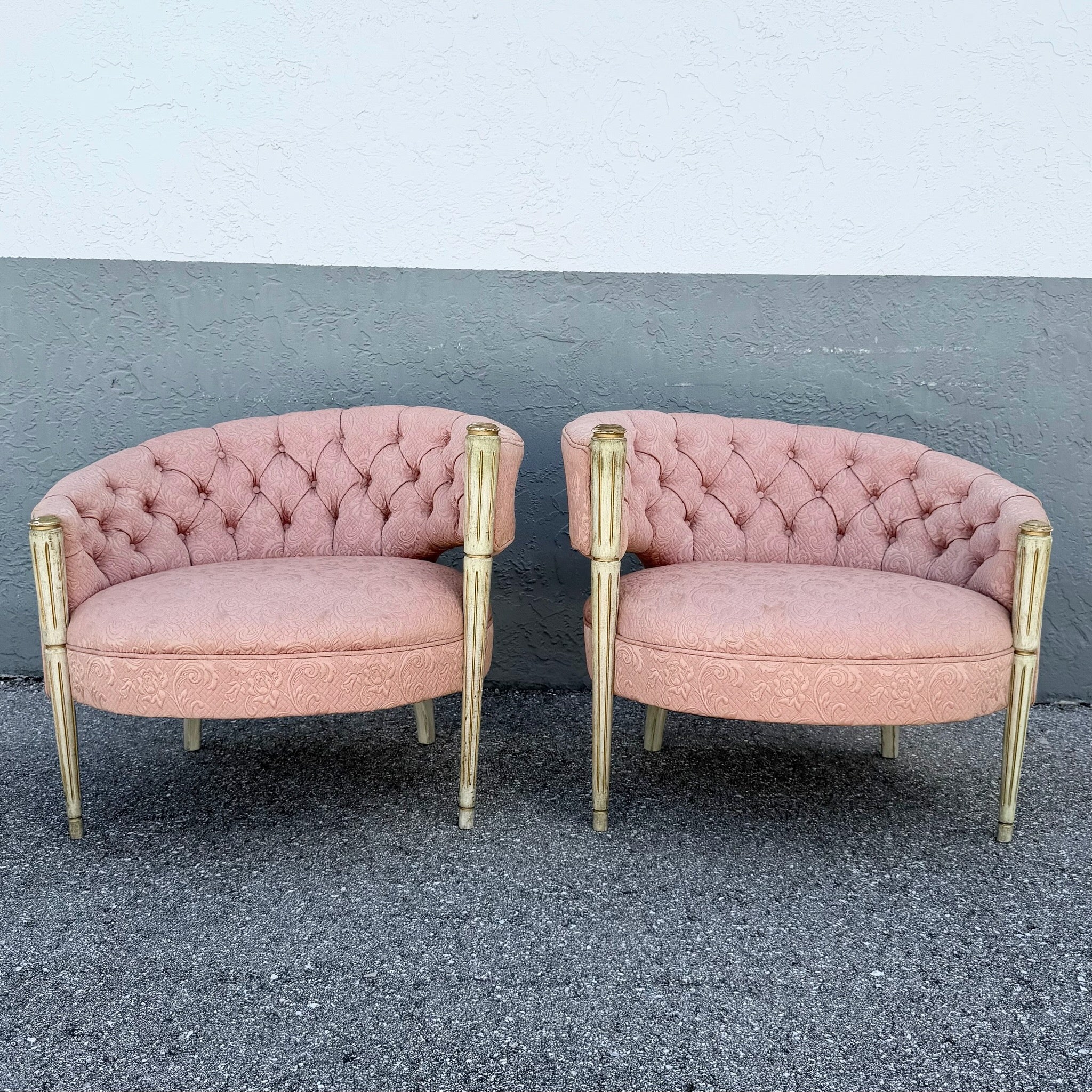 Vintage French-Style Tufted Pink Barrel Accent Chairs - A Pair Dolphin & Flamingo