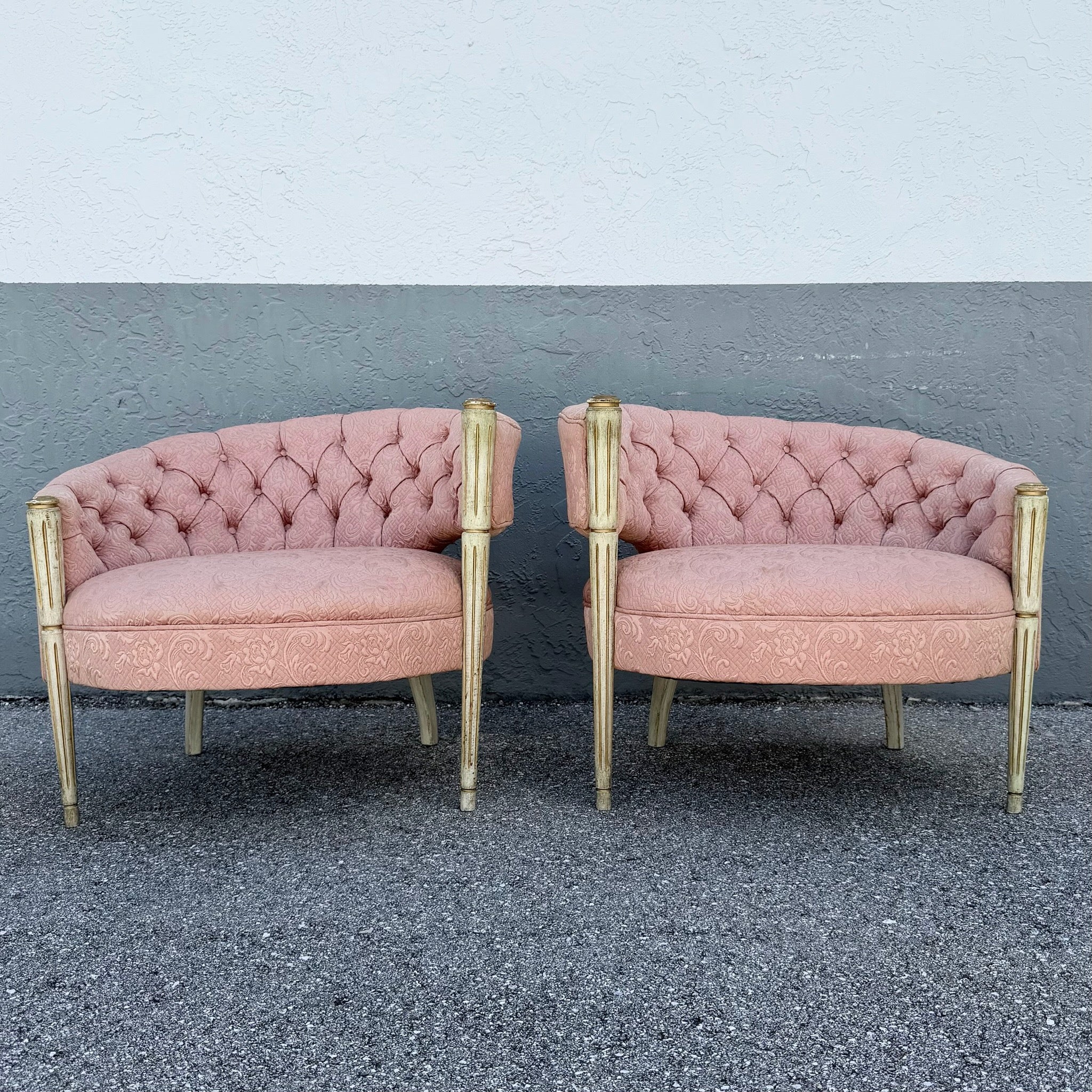 Vintage French-Style Tufted Pink Barrel Accent Chairs - A Pair Dolphin & Flamingo