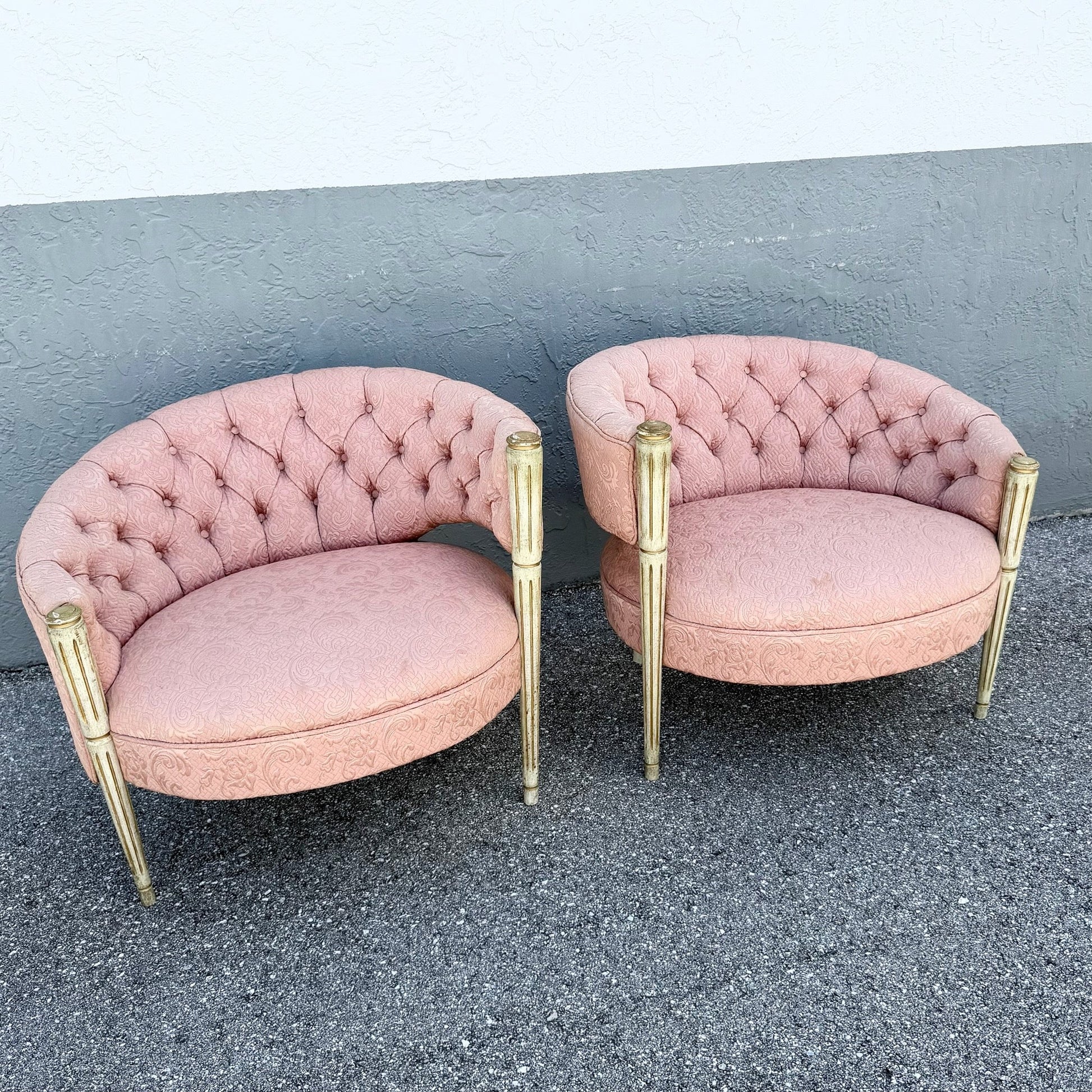 Vintage French-Style Tufted Pink Barrel Accent Chairs - A Pair Dolphin & Flamingo