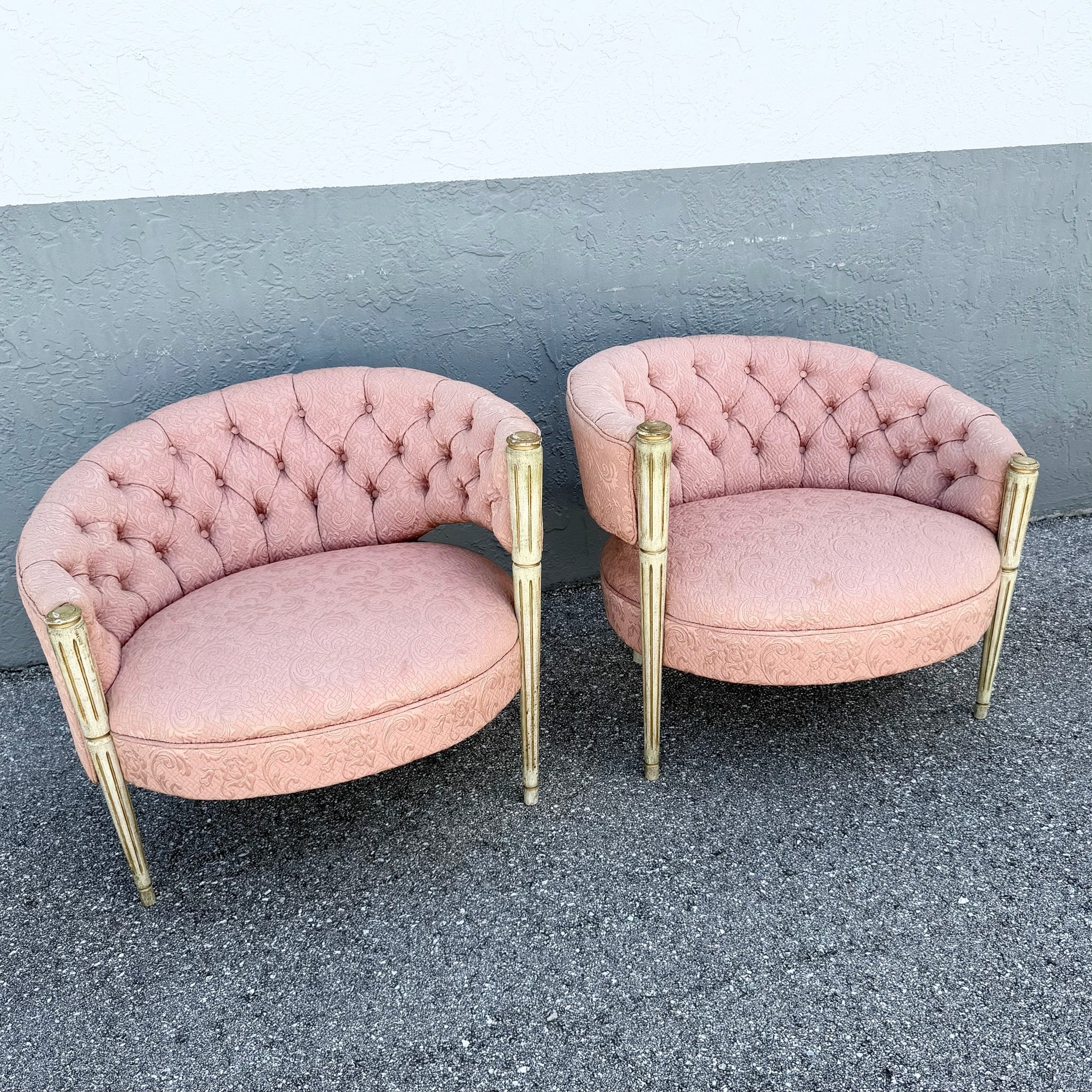 Vintage French-Style Tufted Pink Barrel Accent Chairs - A Pair Dolphin & Flamingo