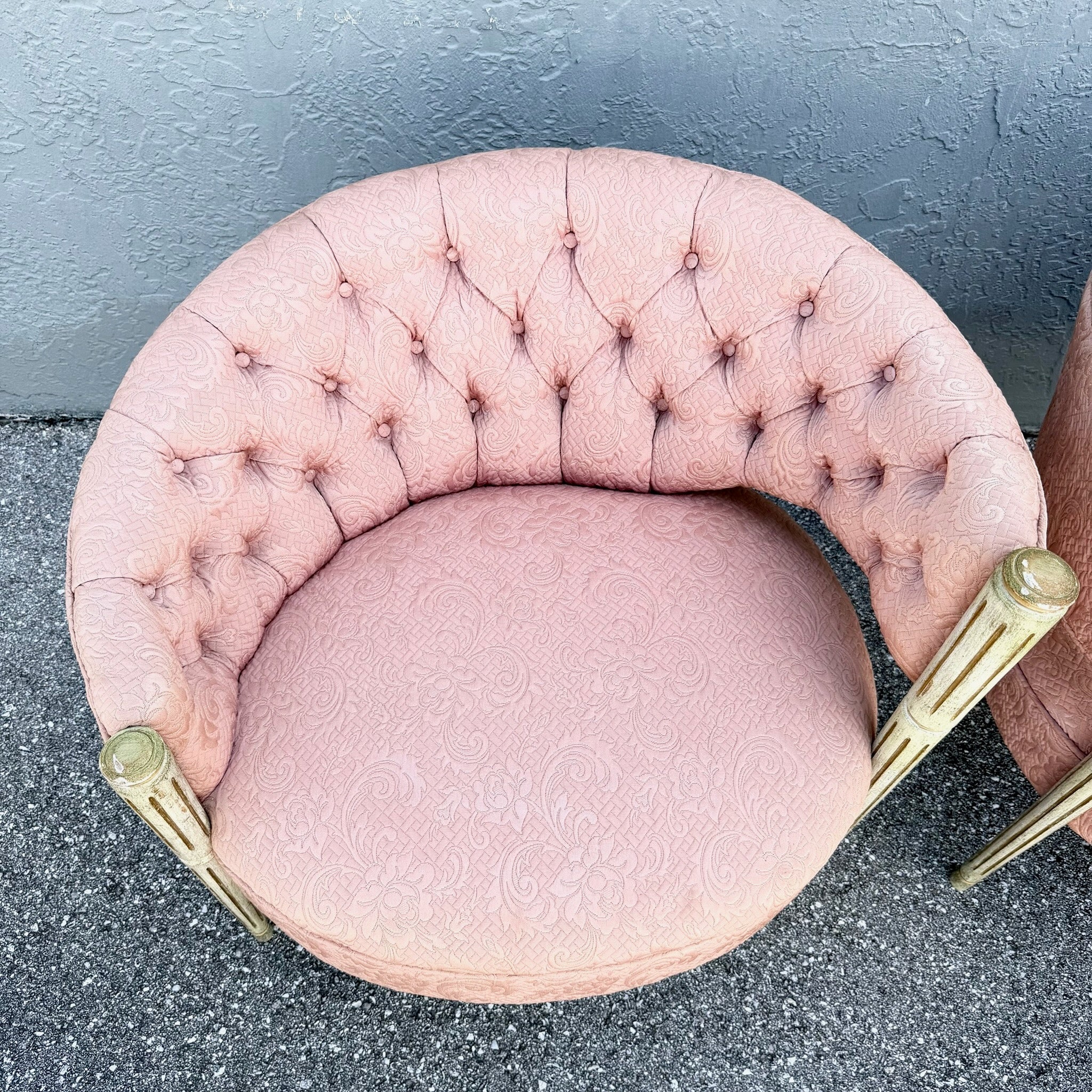Vintage French-Style Tufted Pink Barrel Accent Chairs - A Pair Dolphin & Flamingo