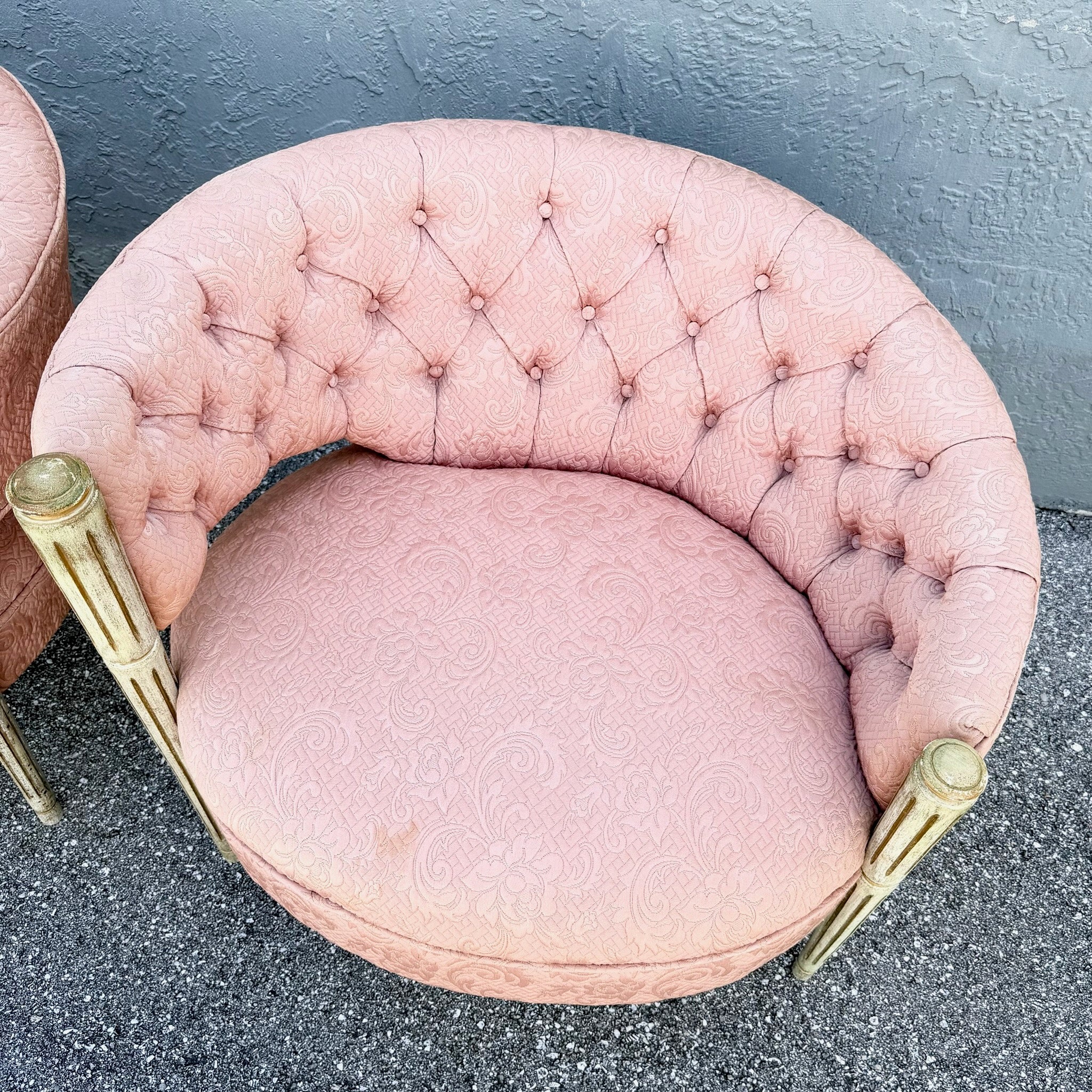 Vintage French-Style Tufted Pink Barrel Accent Chairs - A Pair Dolphin & Flamingo