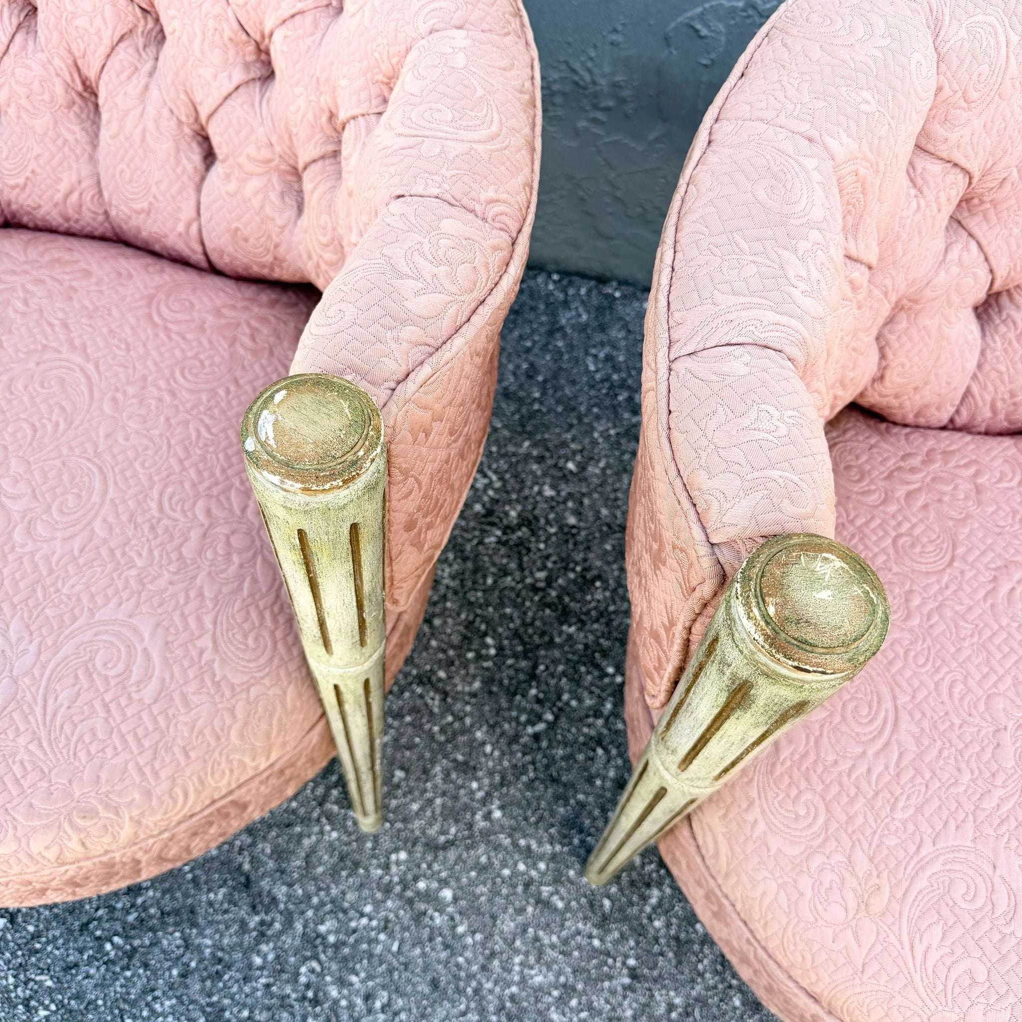 Vintage French-Style Tufted Pink Barrel Accent Chairs - A Pair Dolphin & Flamingo