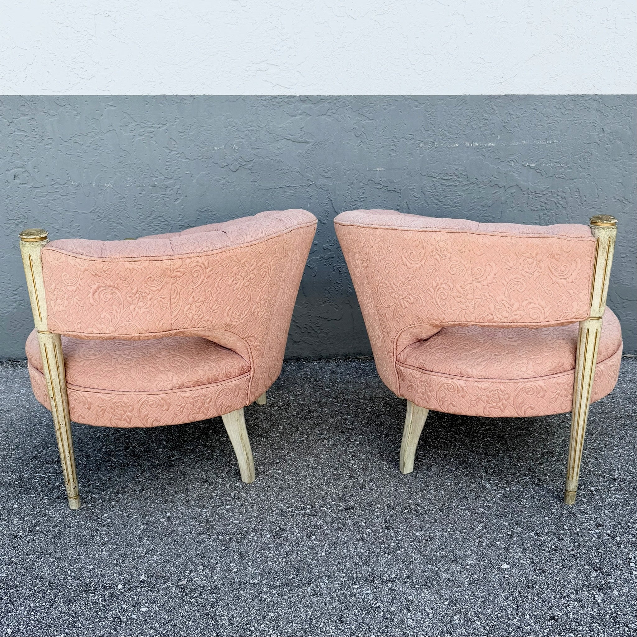 Vintage French-Style Tufted Pink Barrel Accent Chairs - A Pair Dolphin & Flamingo