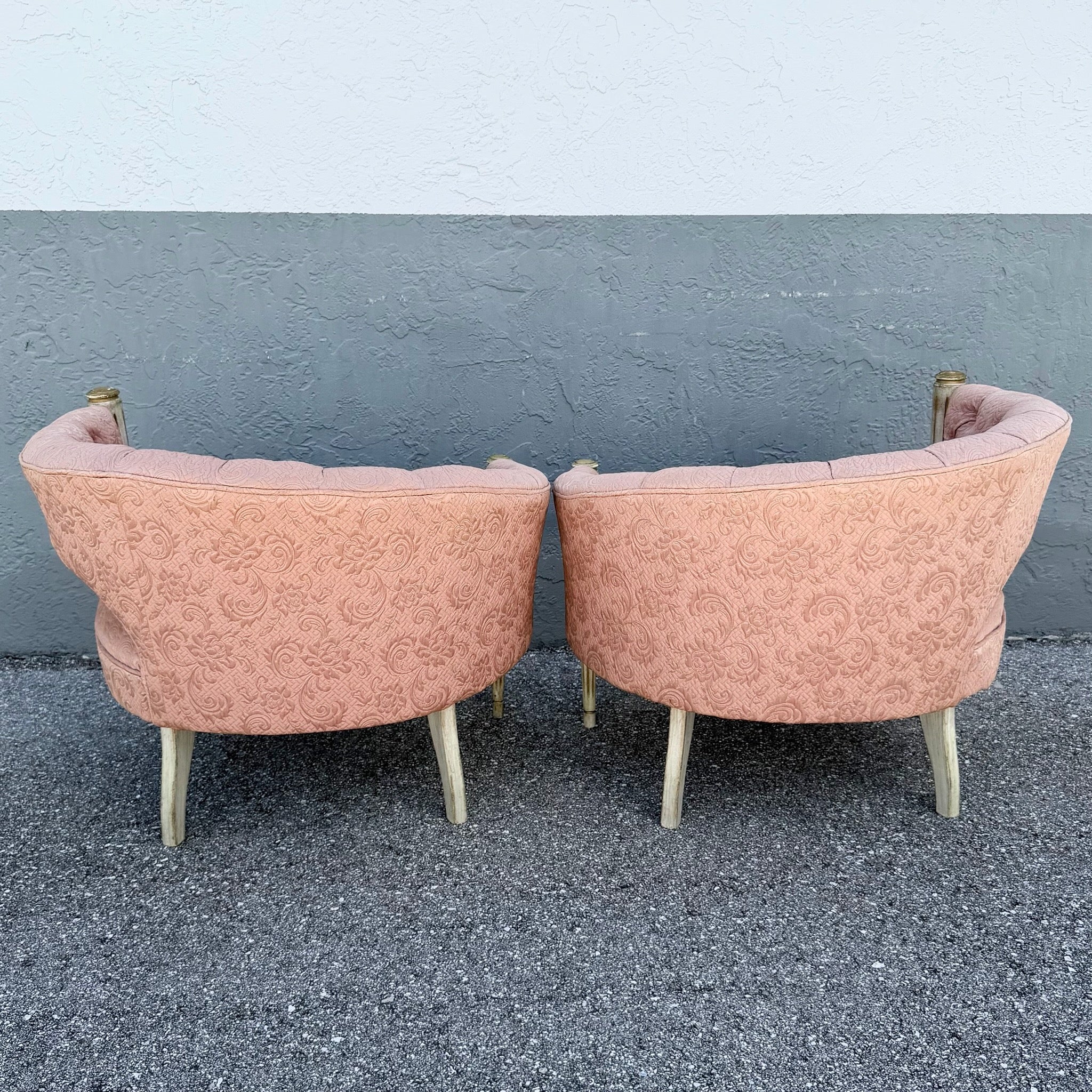 Vintage French-Style Tufted Pink Barrel Accent Chairs - A Pair Dolphin & Flamingo