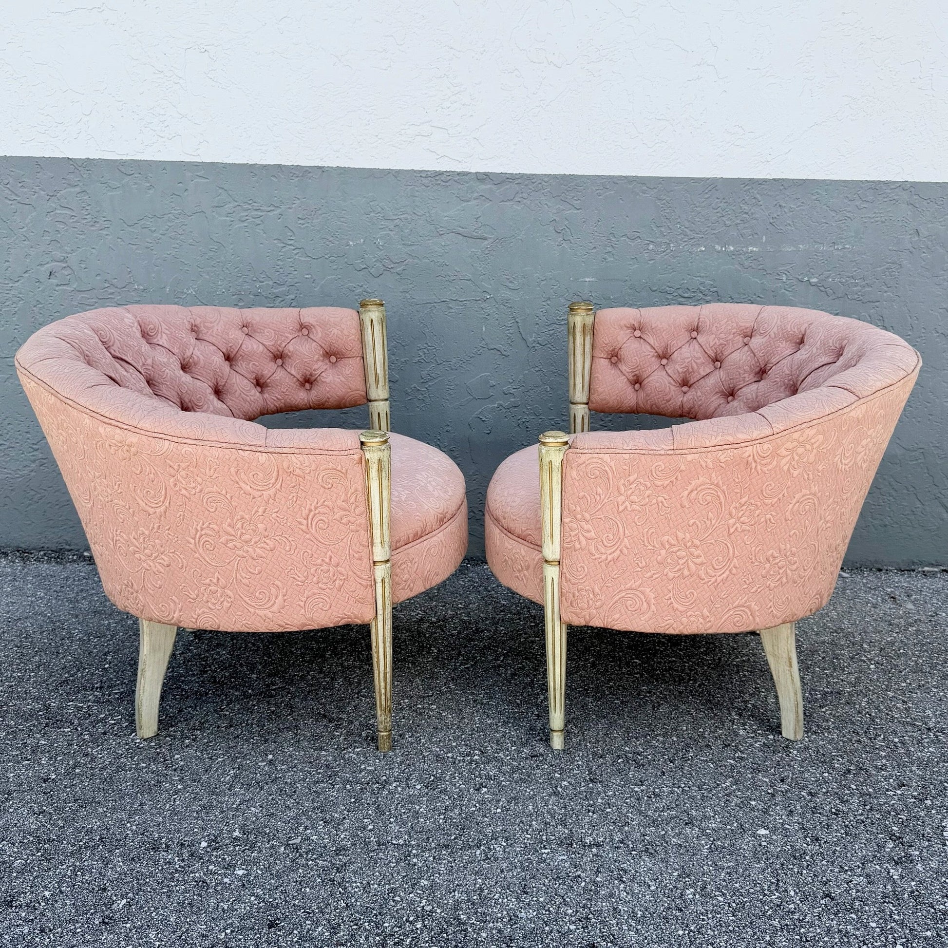 Vintage French-Style Tufted Pink Barrel Accent Chairs - A Pair Dolphin & Flamingo
