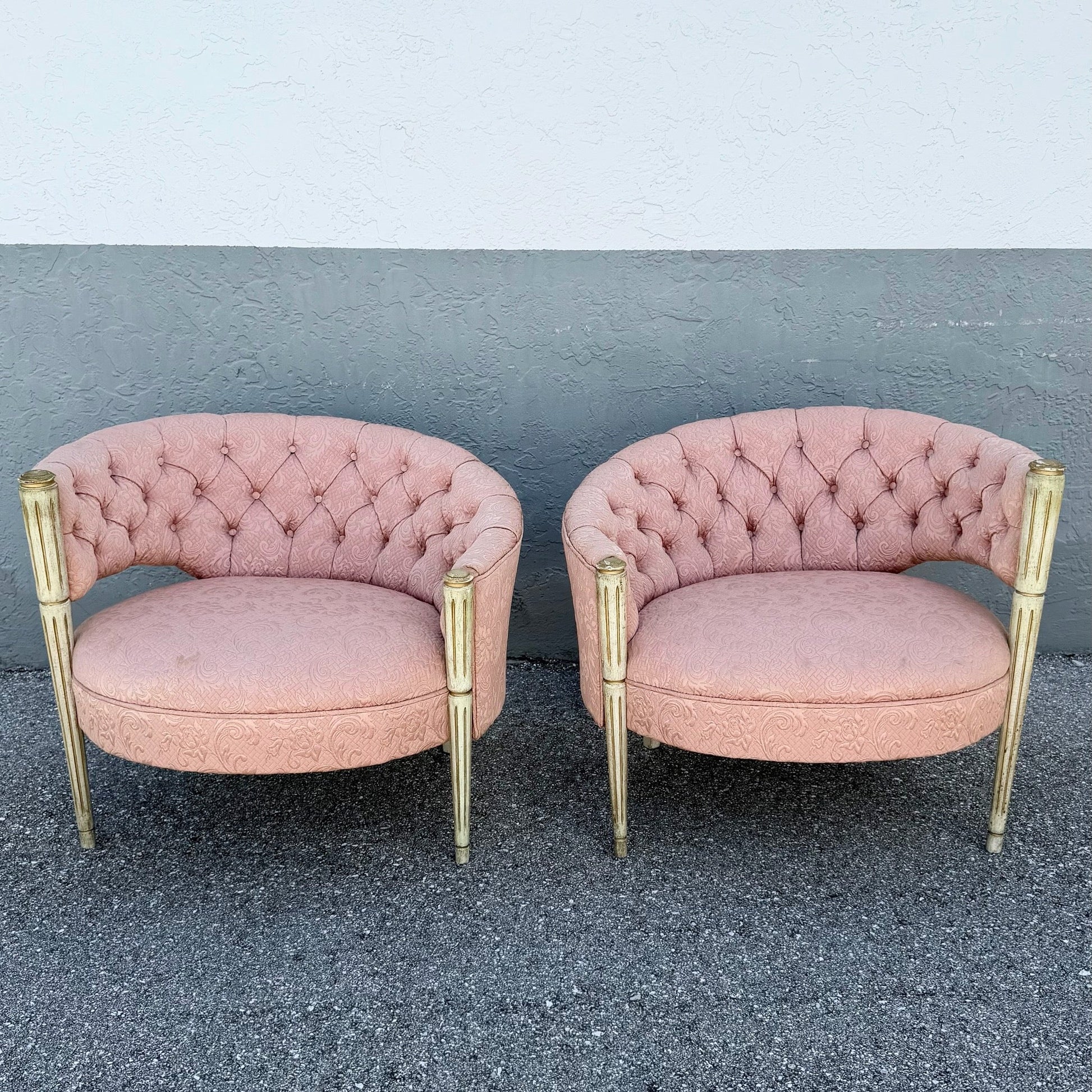 Vintage French-Style Tufted Pink Barrel Accent Chairs - A Pair Dolphin & Flamingo