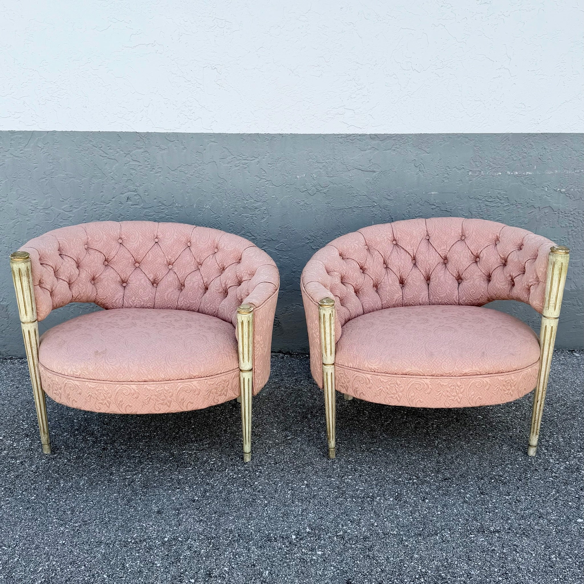 Vintage French-Style Tufted Pink Barrel Accent Chairs - A Pair Dolphin & Flamingo