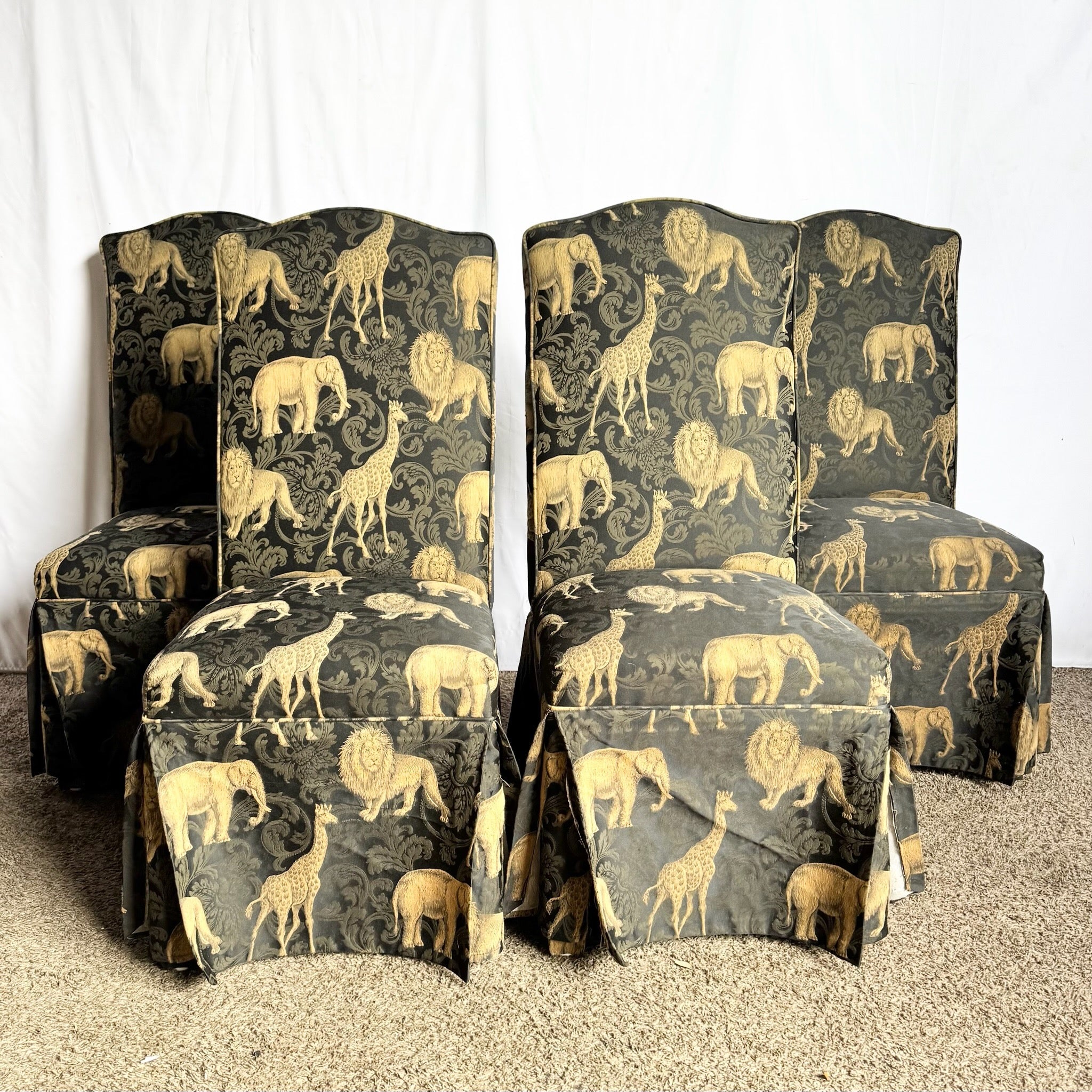 Vintage Regency Black and Gold Animals Skirted Parsons Dining Chairs - Set of 4