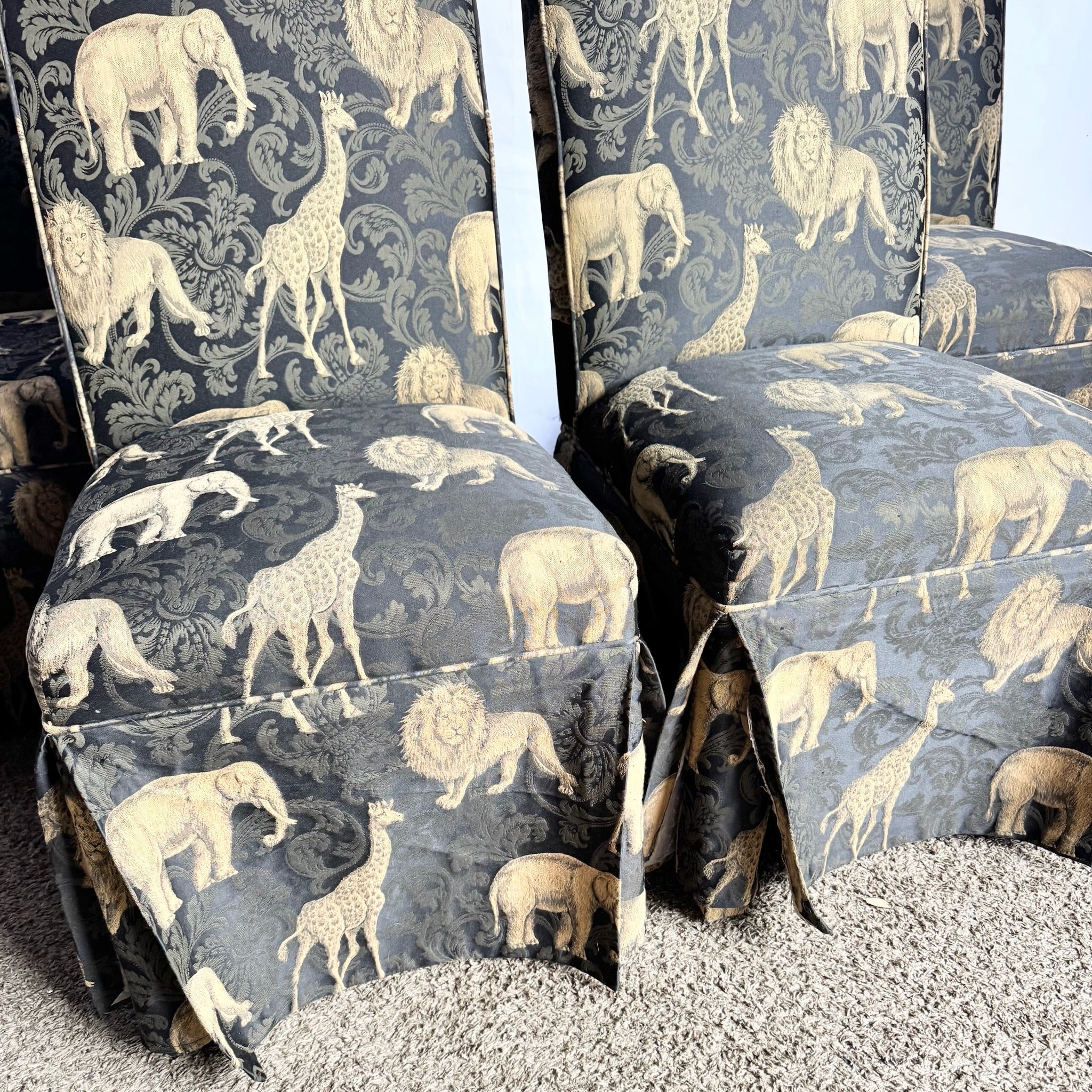 Vintage Regency Black and Gold Animals Skirted Parsons Dining Chairs - Set of 4