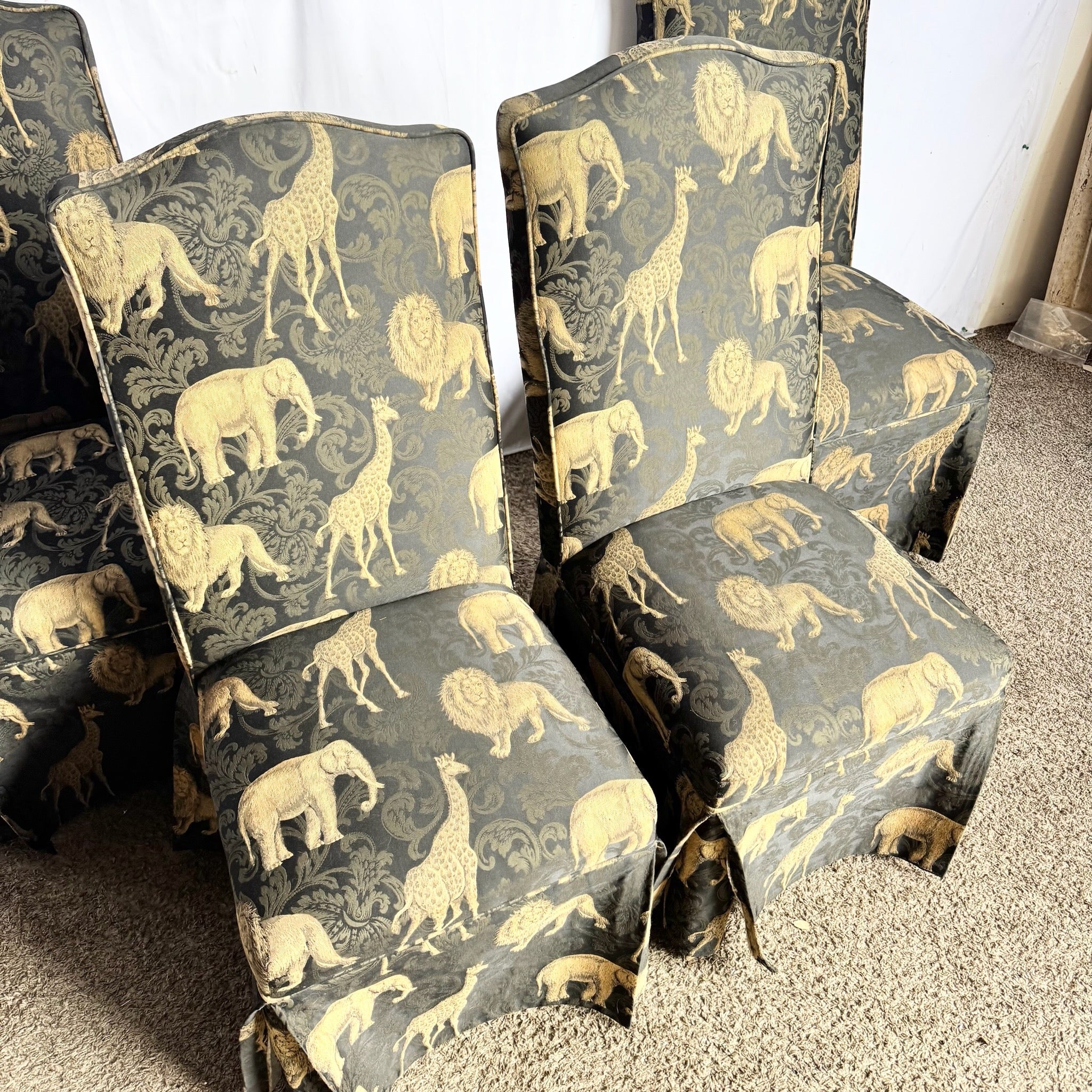 Vintage Regency Black and Gold Animals Skirted Parsons Dining Chairs - Set of 4