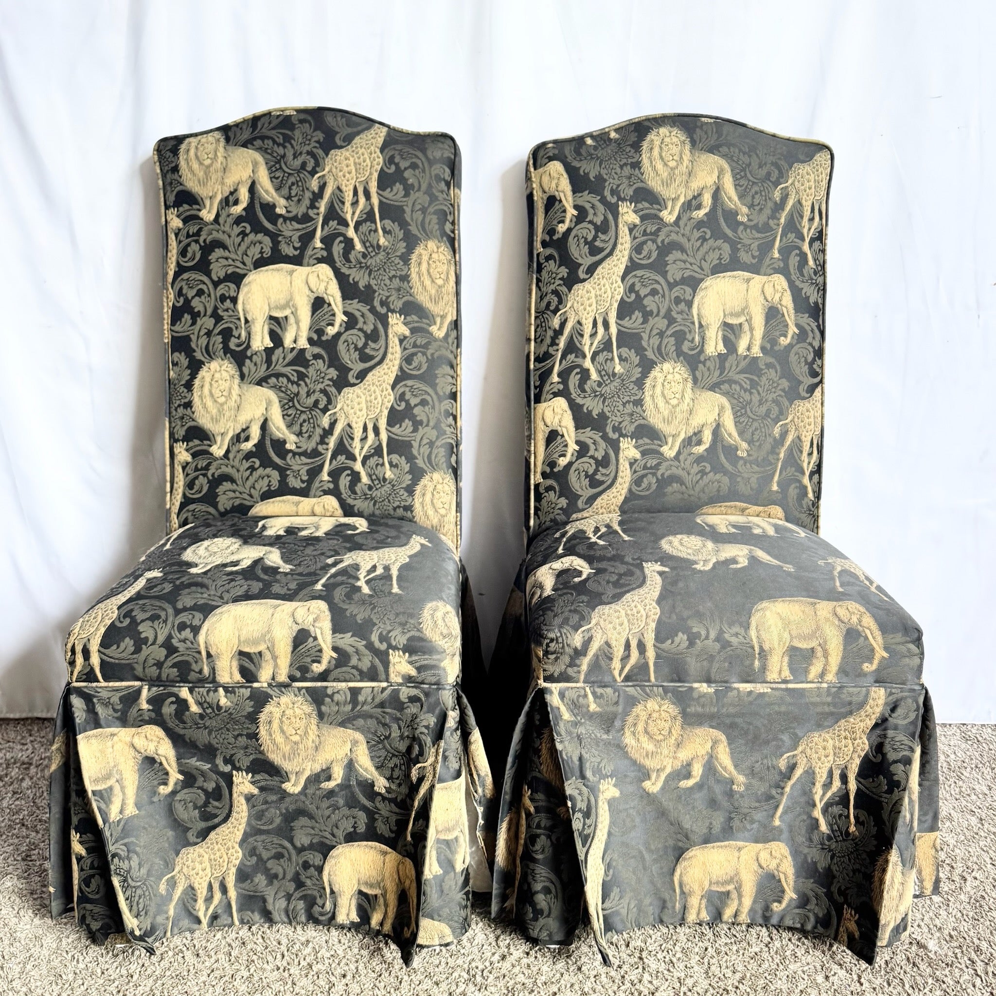 Vintage Regency Black and Gold Animals Skirted Parsons Dining Chairs - Set of 4