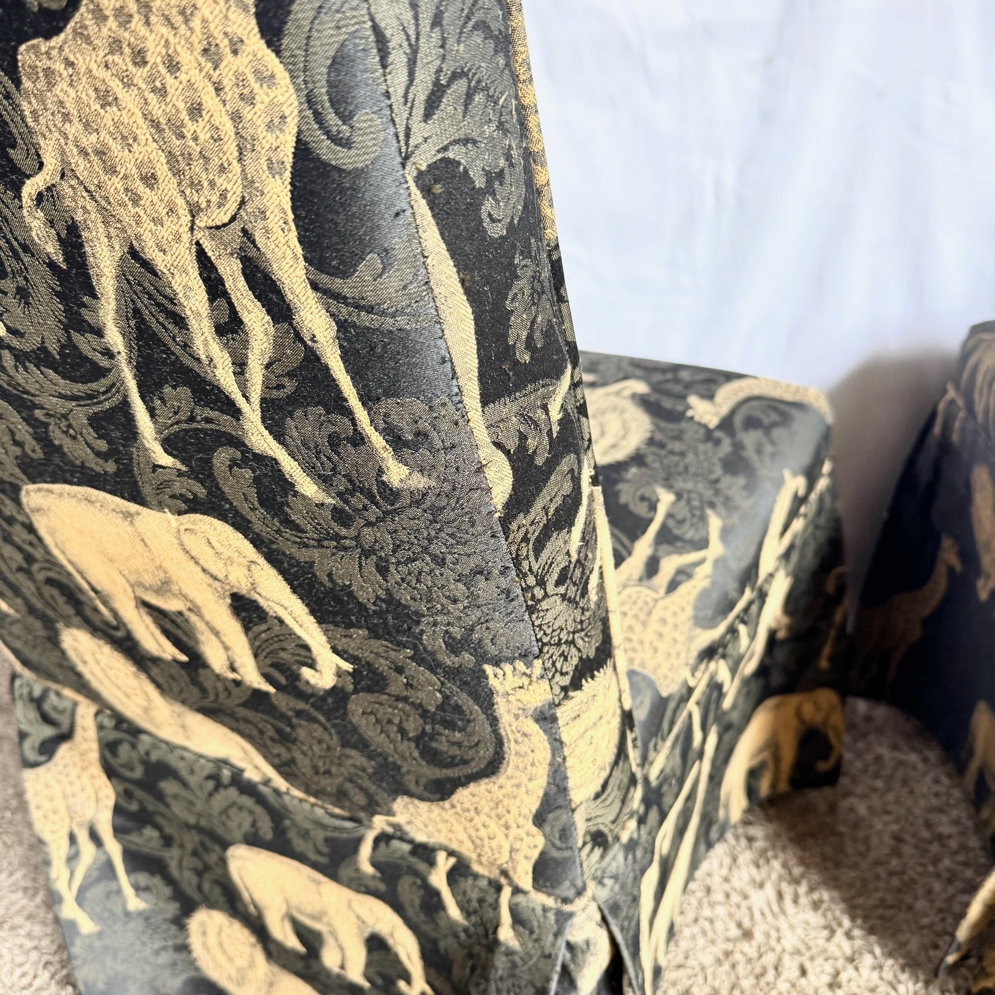 Vintage Regency Black and Gold Animals Skirted Parsons Dining Chairs - Set of 4