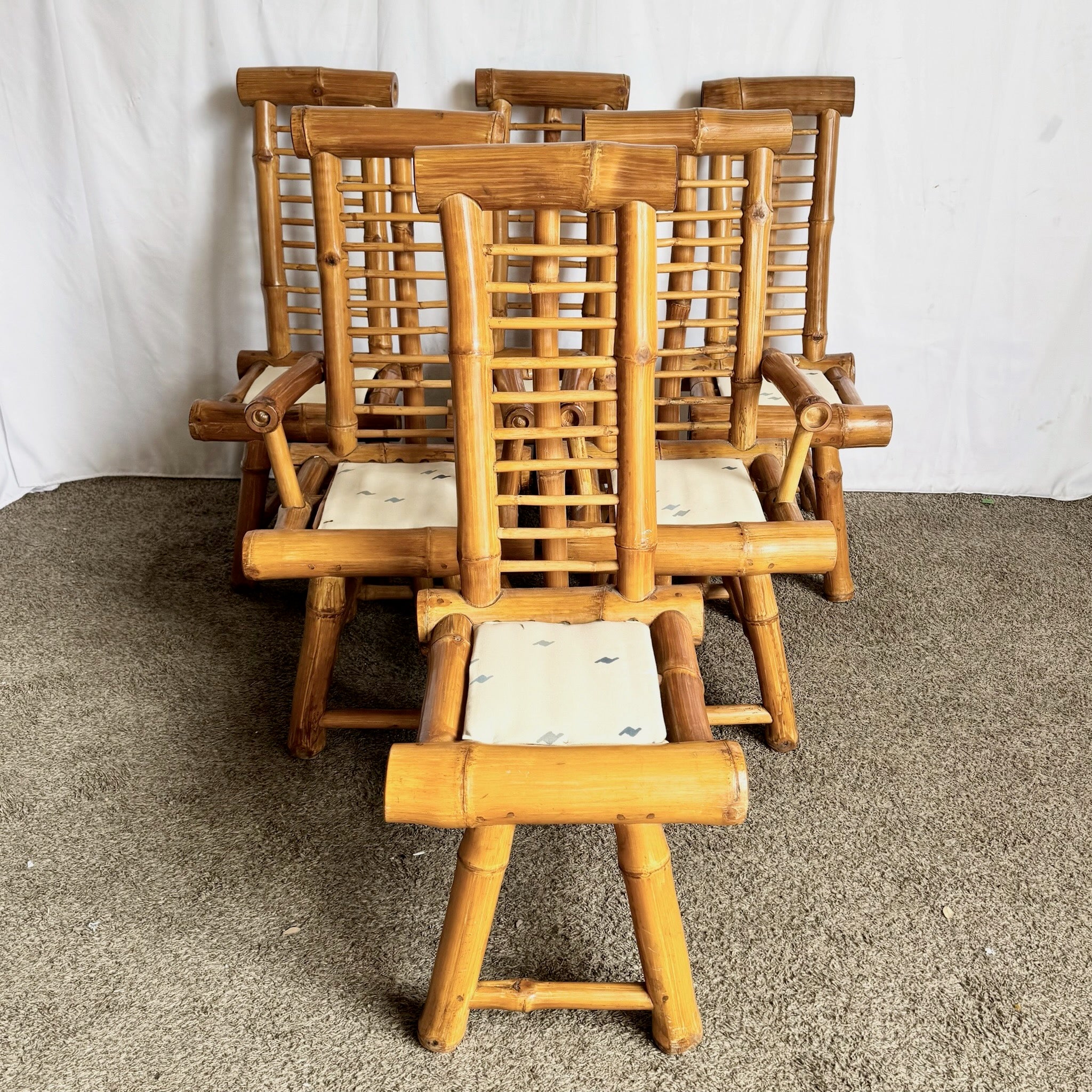 Vintage Boho Chic Chunky Bamboo Dining Chairs - Set of 6