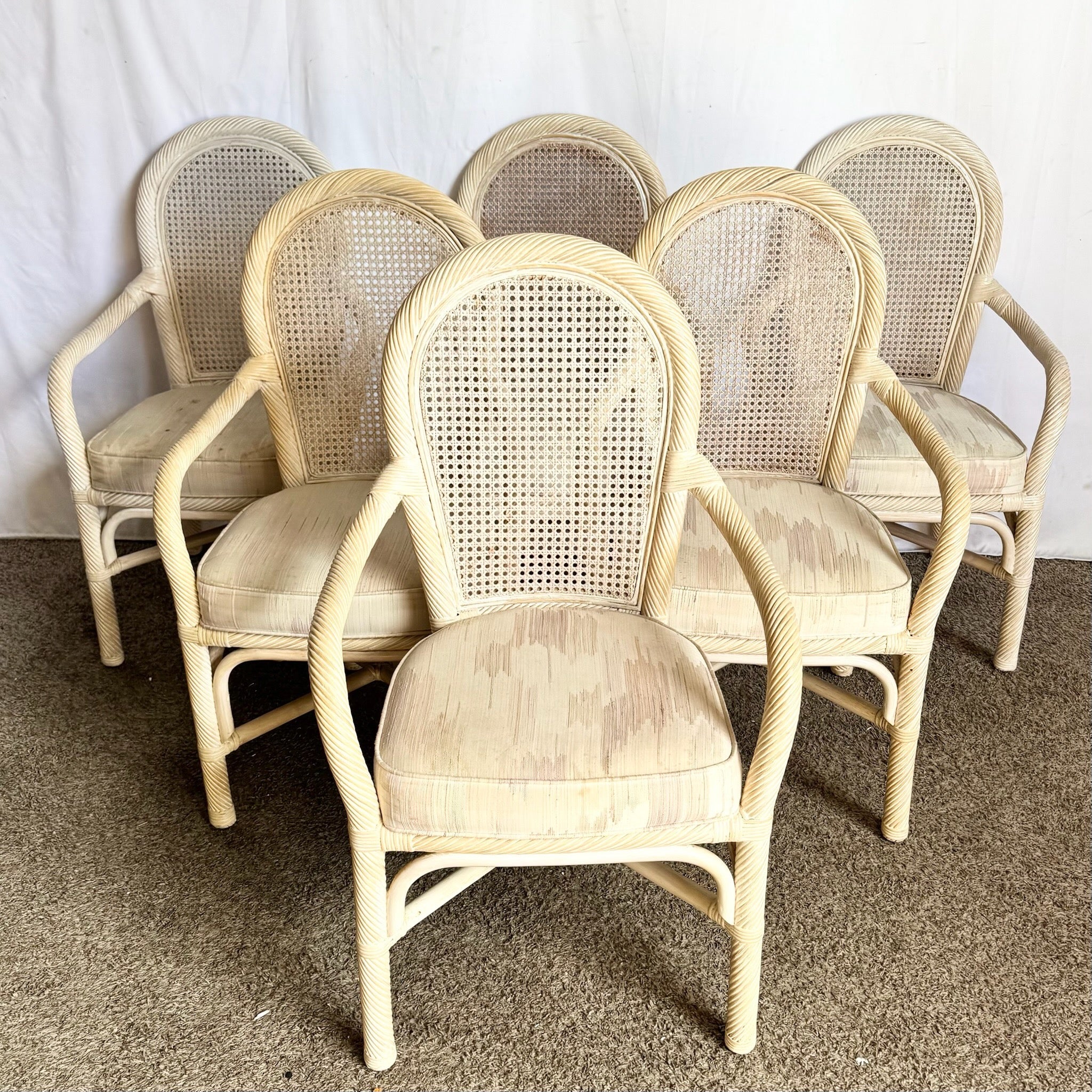 Coastal Twisted Reed Came Back Dining Arm Chairs - Set of 6