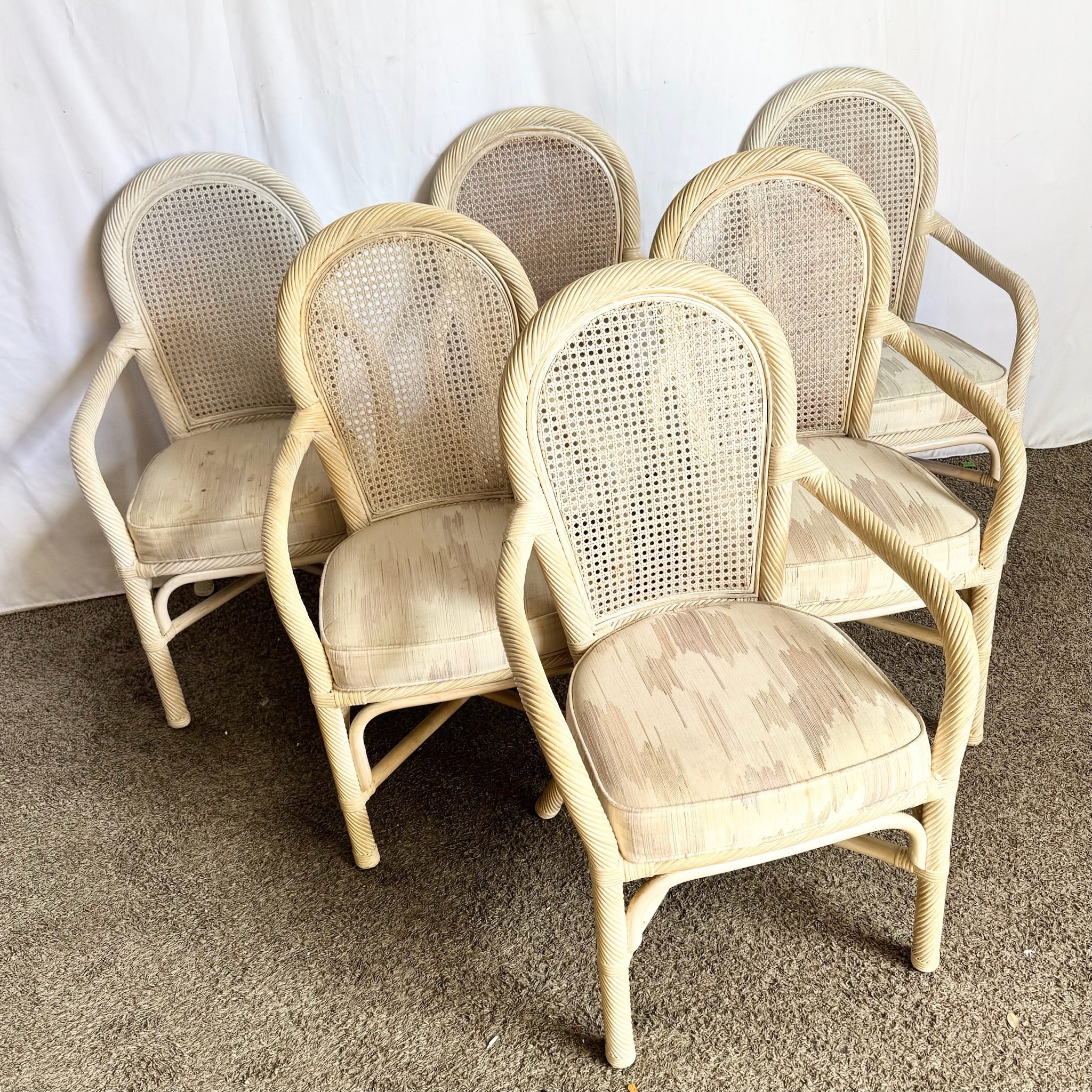 Coastal Twisted Reed Came Back Dining Arm Chairs - Set of 6