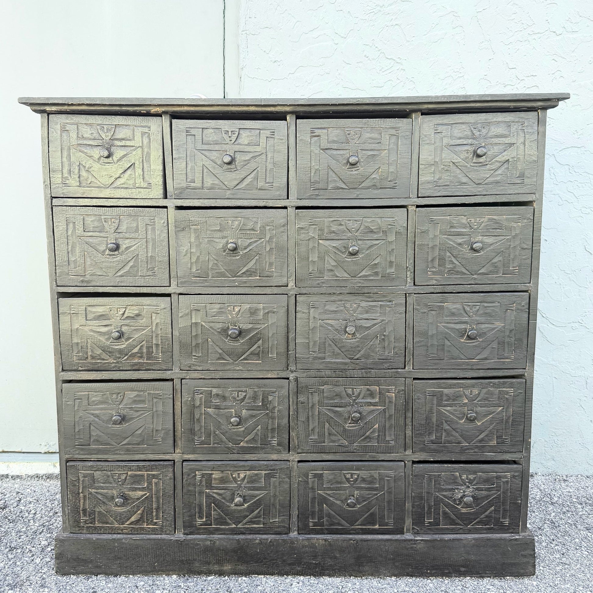 Vintage Wooden Hand Carved Tribal Apothecary Dresser Dolphin & Flamingo