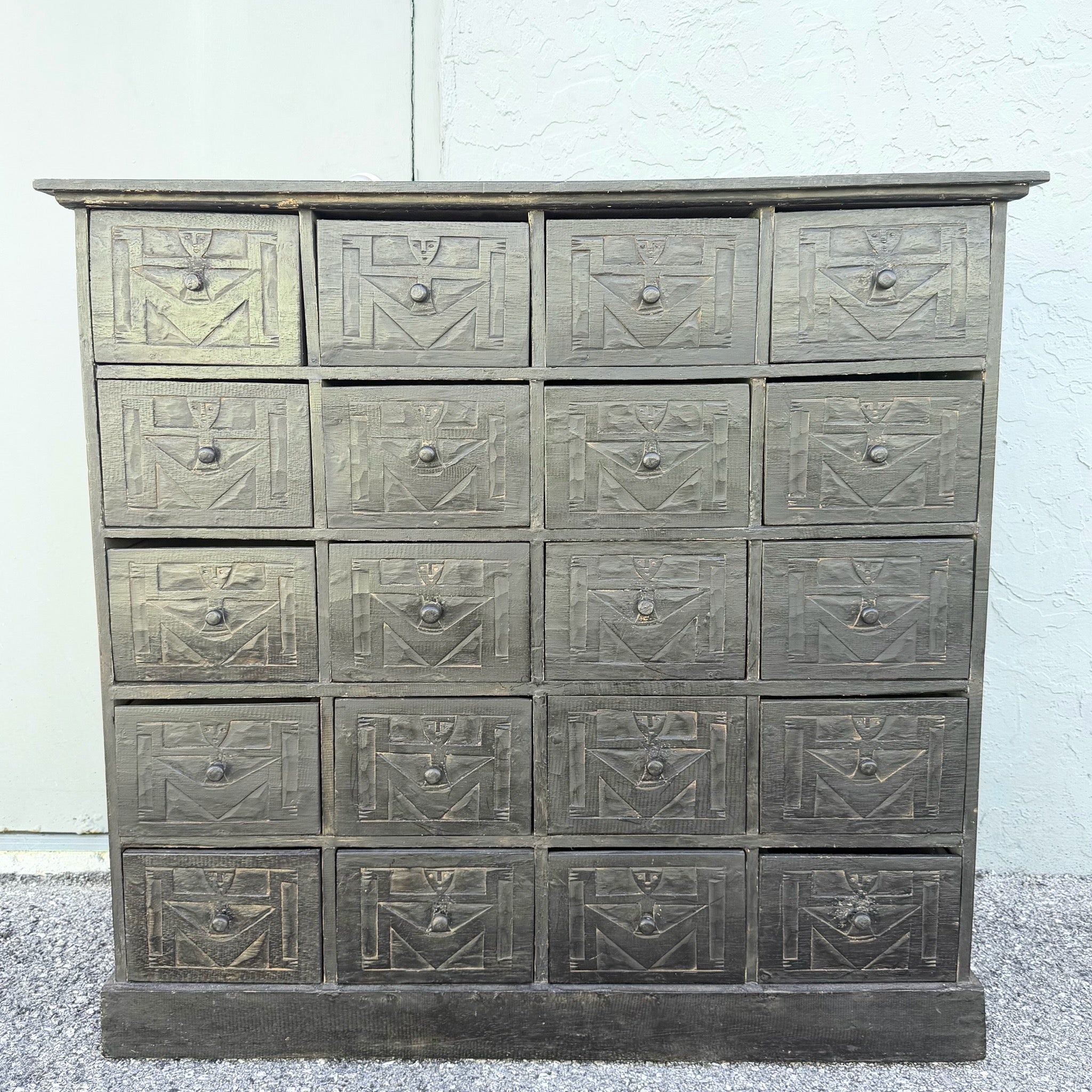 Vintage Wooden Hand Carved Tribal Apothecary Dresser Dolphin & Flamingo
