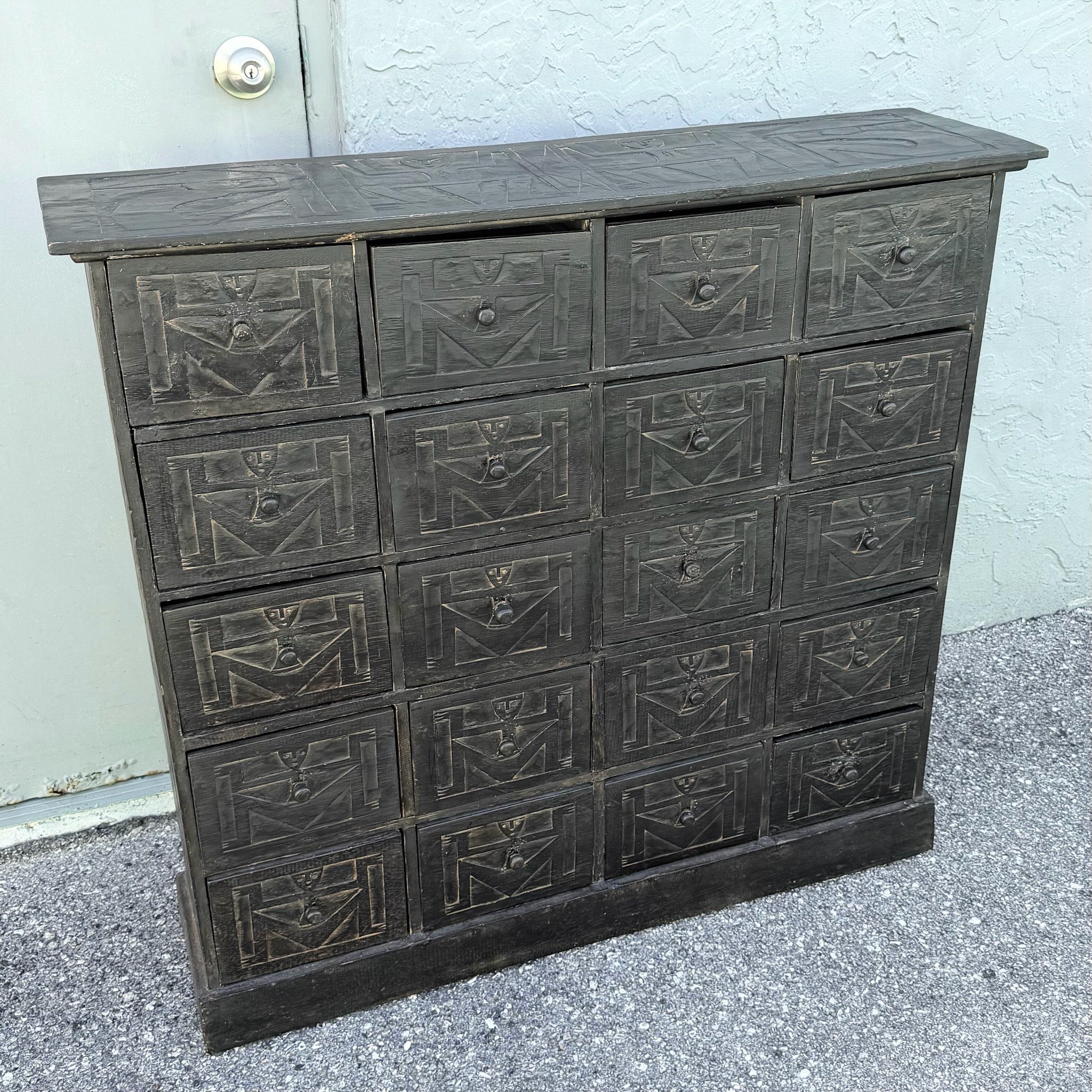 Vintage Wooden Hand Carved Tribal Apothecary Dresser Dolphin & Flamingo