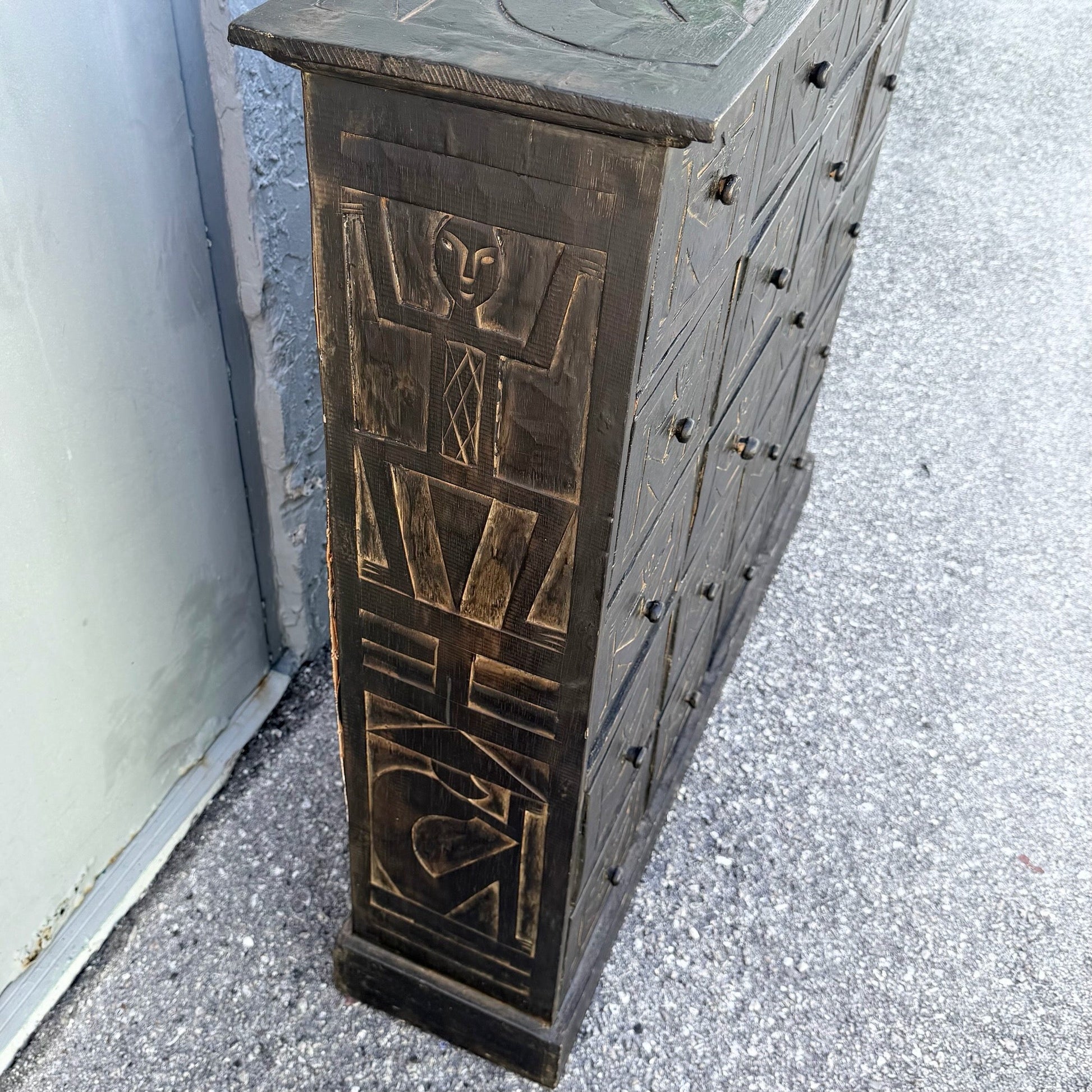 Vintage Wooden Hand Carved Tribal Apothecary Dresser Dolphin & Flamingo