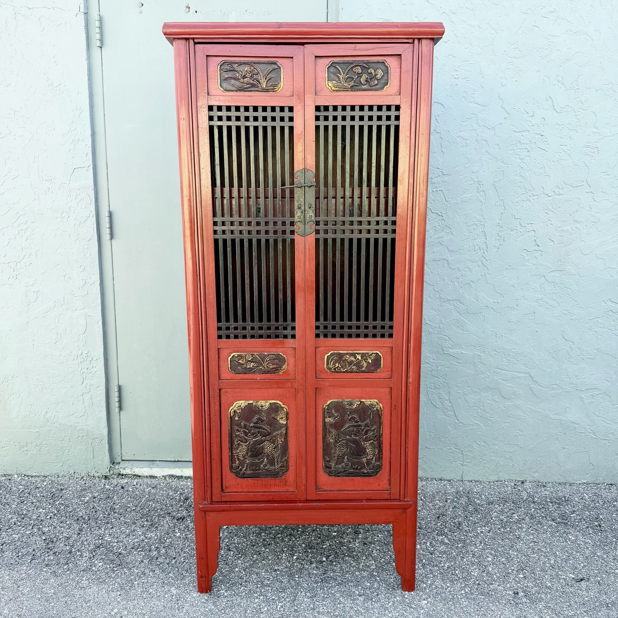 Vintage Chinese Red Wooden Cabinet Dolphin & Flamingo
