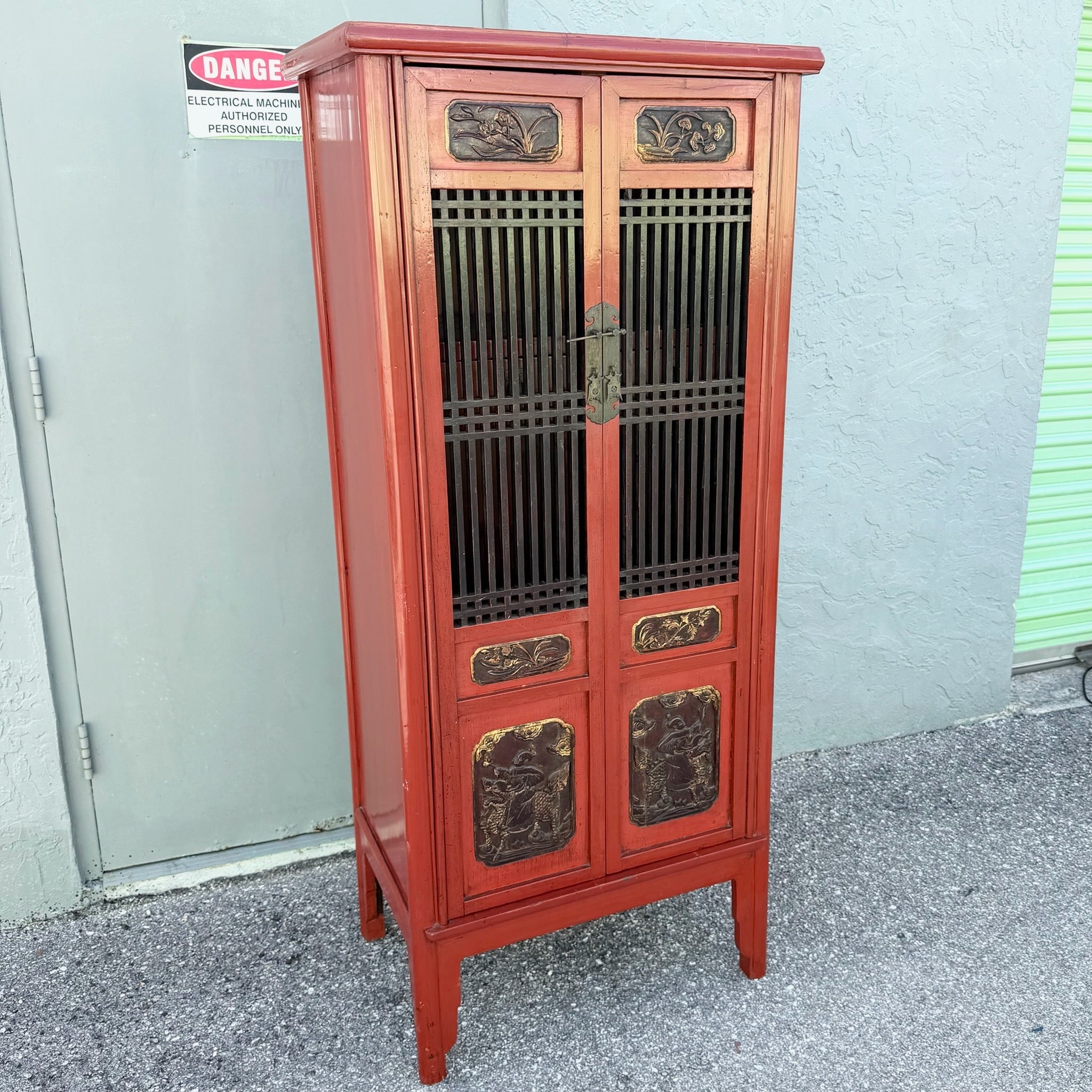 Vintage Chinese Red Wooden Cabinet Dolphin & Flamingo