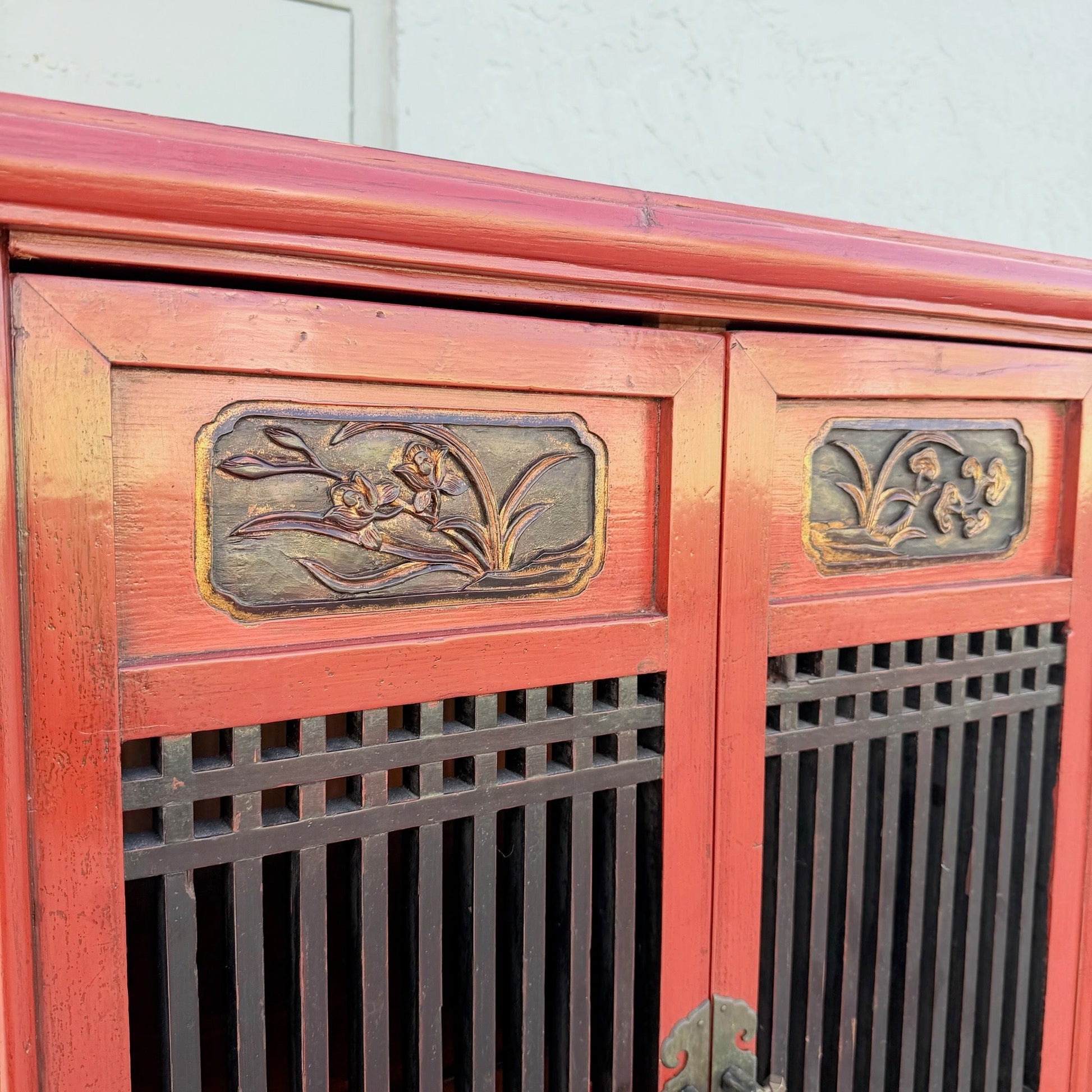 Vintage Chinese Red Wooden Cabinet Dolphin & Flamingo