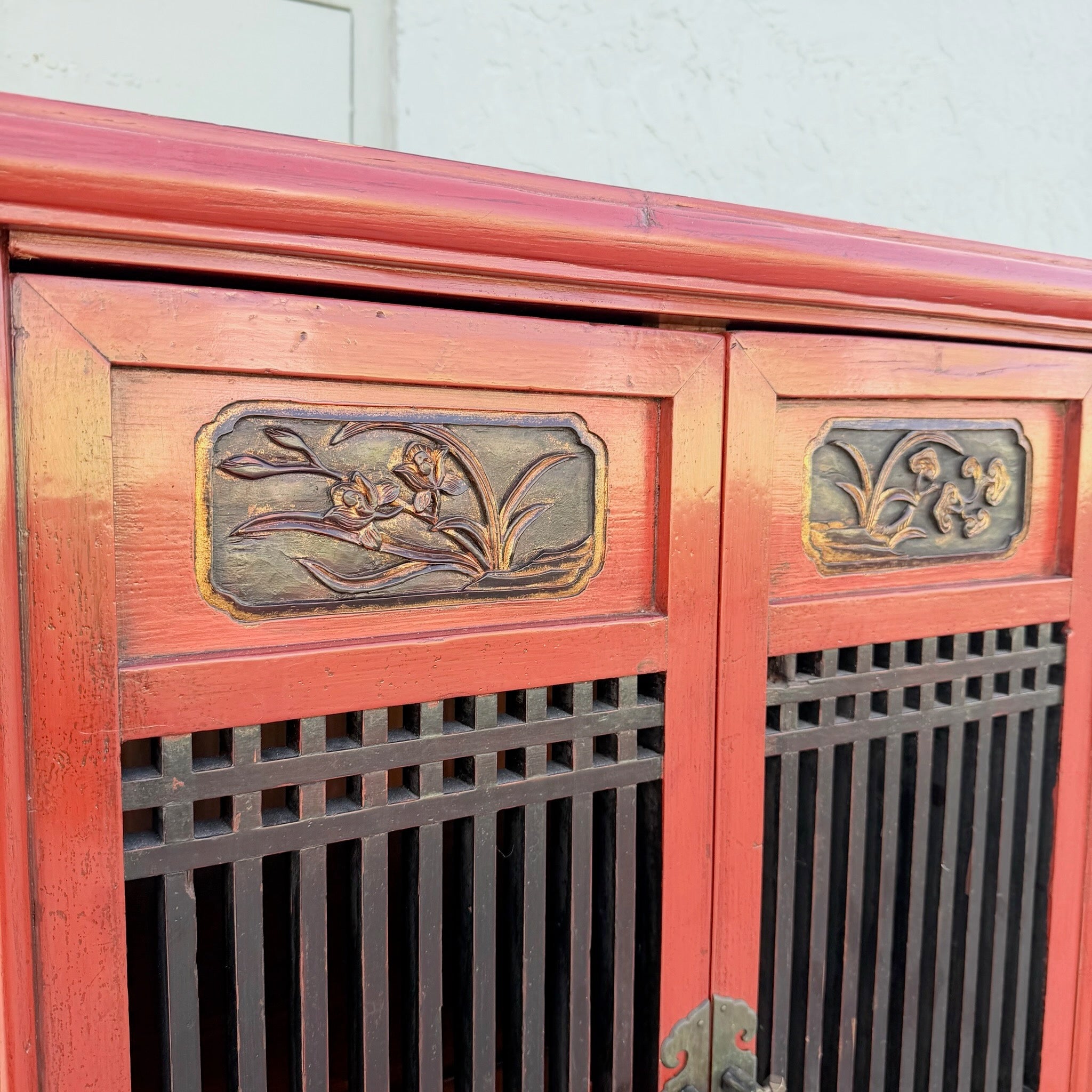 Vintage Chinese Red Wooden Cabinet Dolphin & Flamingo