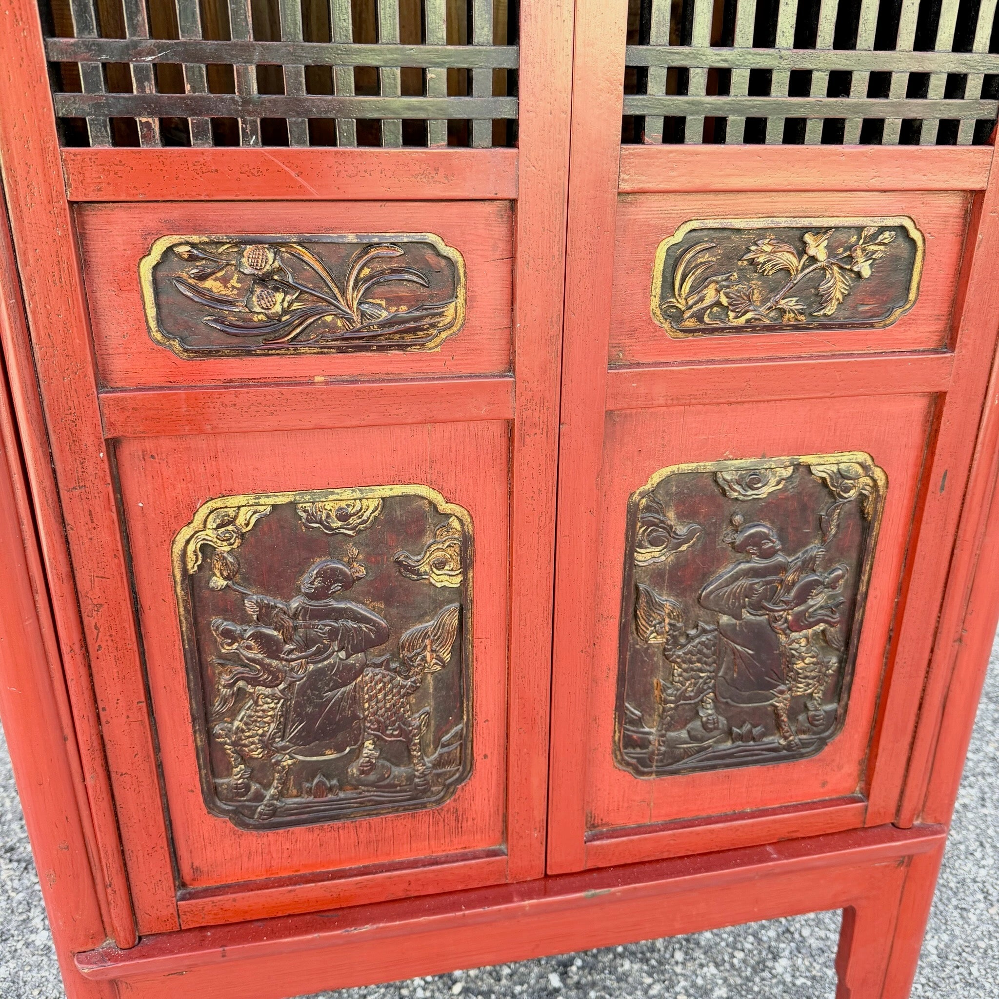 Vintage Chinese Red Wooden Cabinet Dolphin & Flamingo
