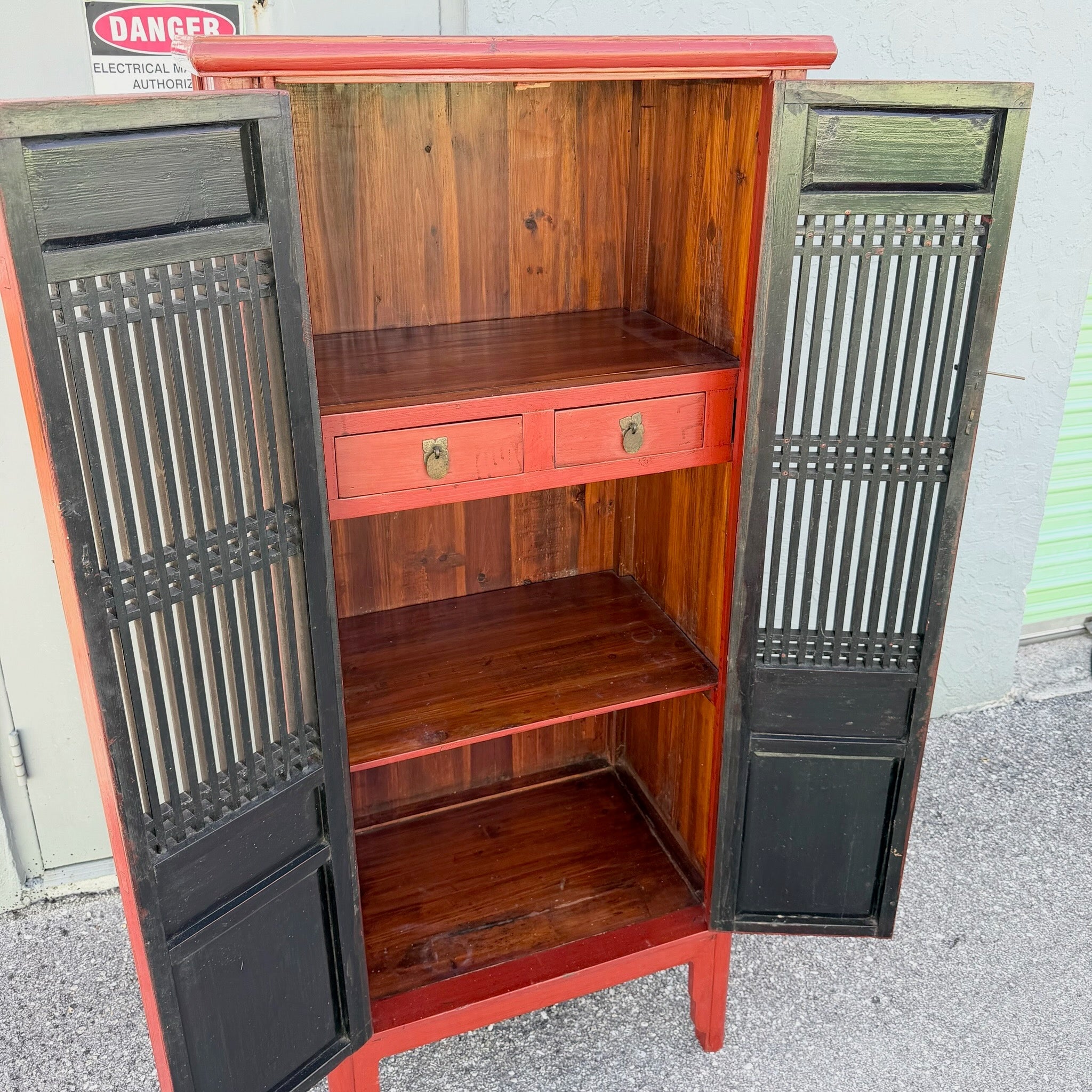 Vintage Chinese Red Wooden Cabinet Dolphin & Flamingo