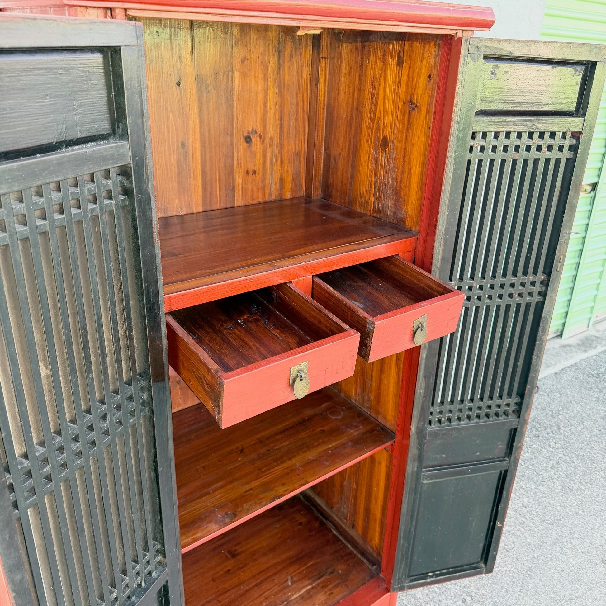 Vintage Chinese Red Wooden Cabinet Dolphin & Flamingo