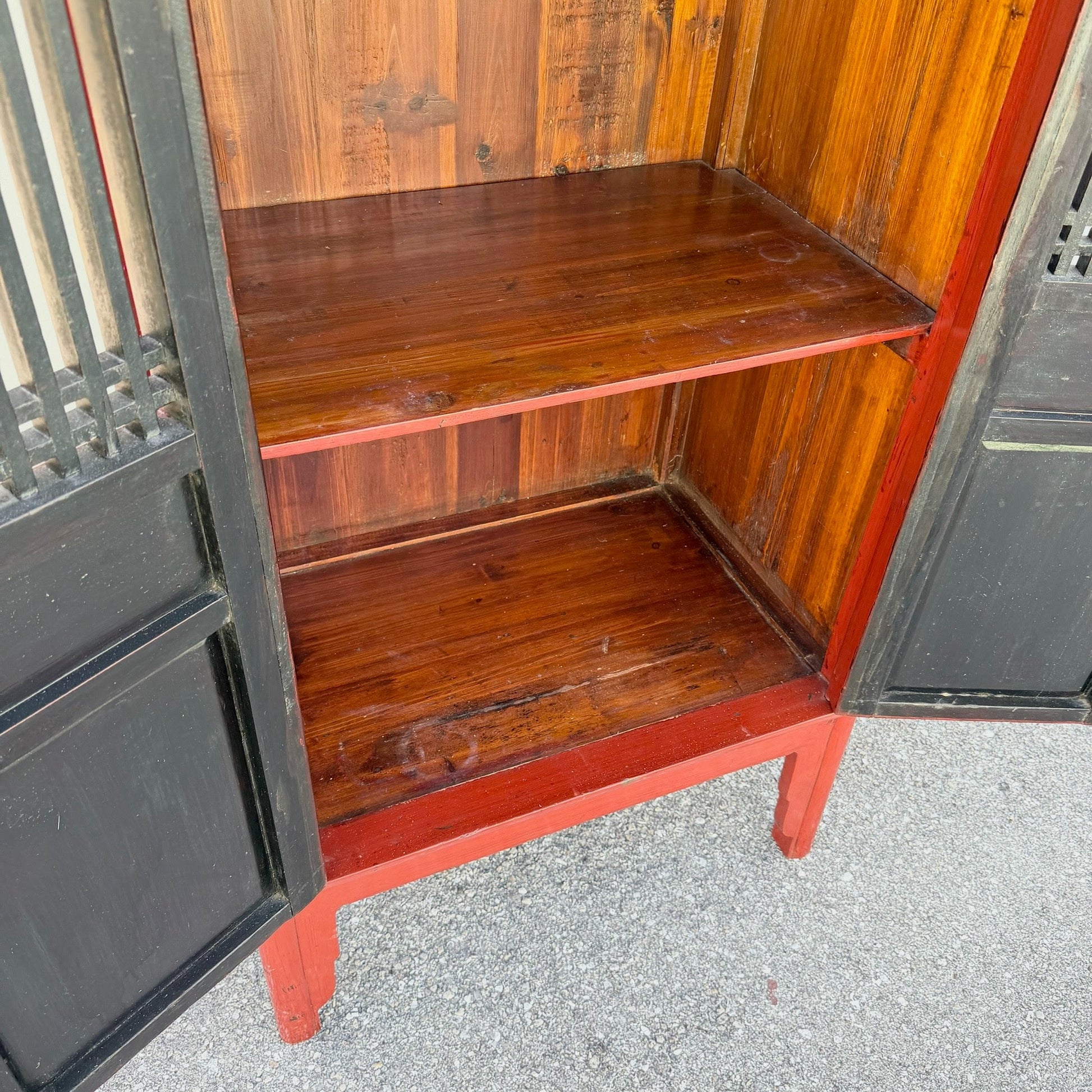 Vintage Chinese Red Wooden Cabinet Dolphin & Flamingo