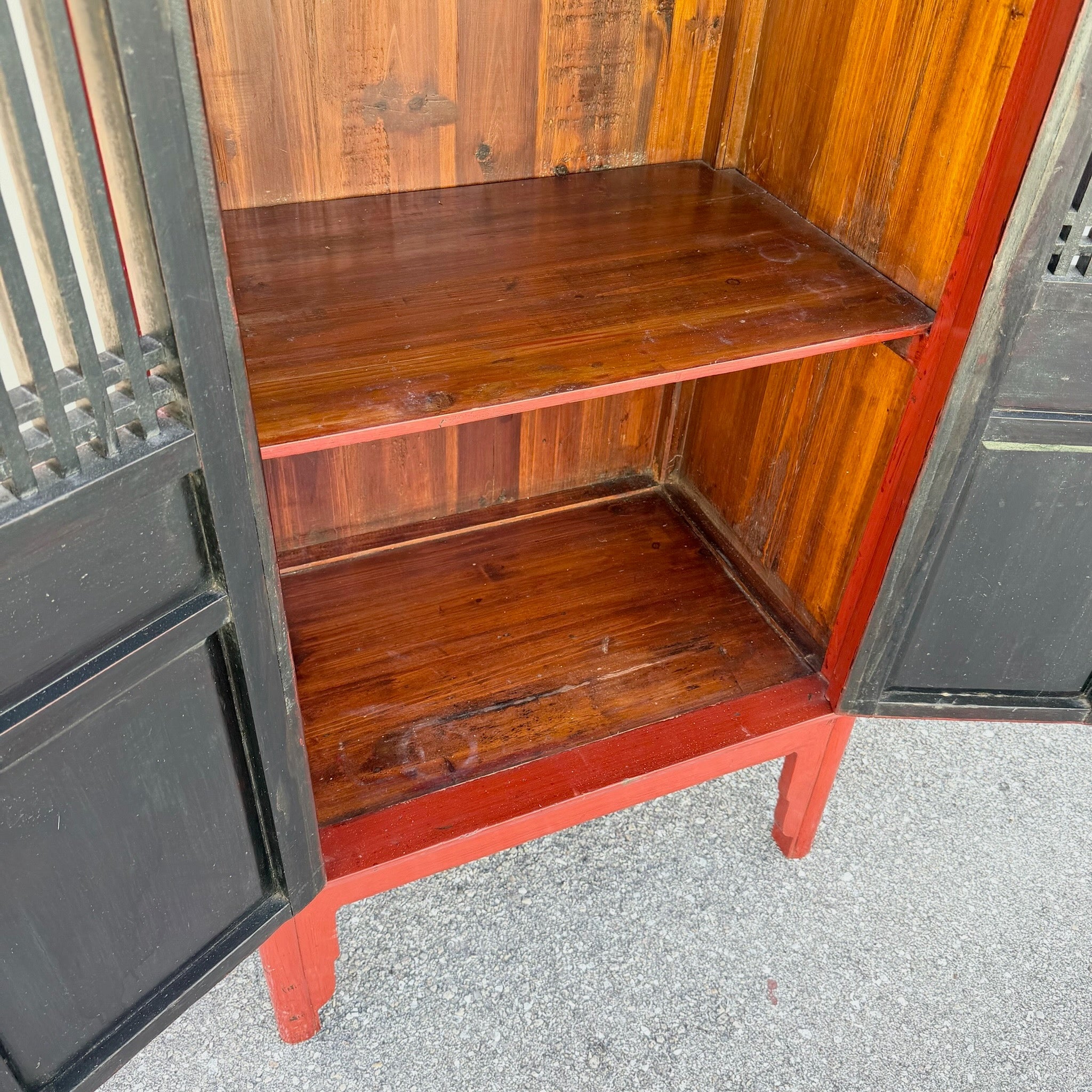 Vintage Chinese Red Wooden Cabinet Dolphin & Flamingo