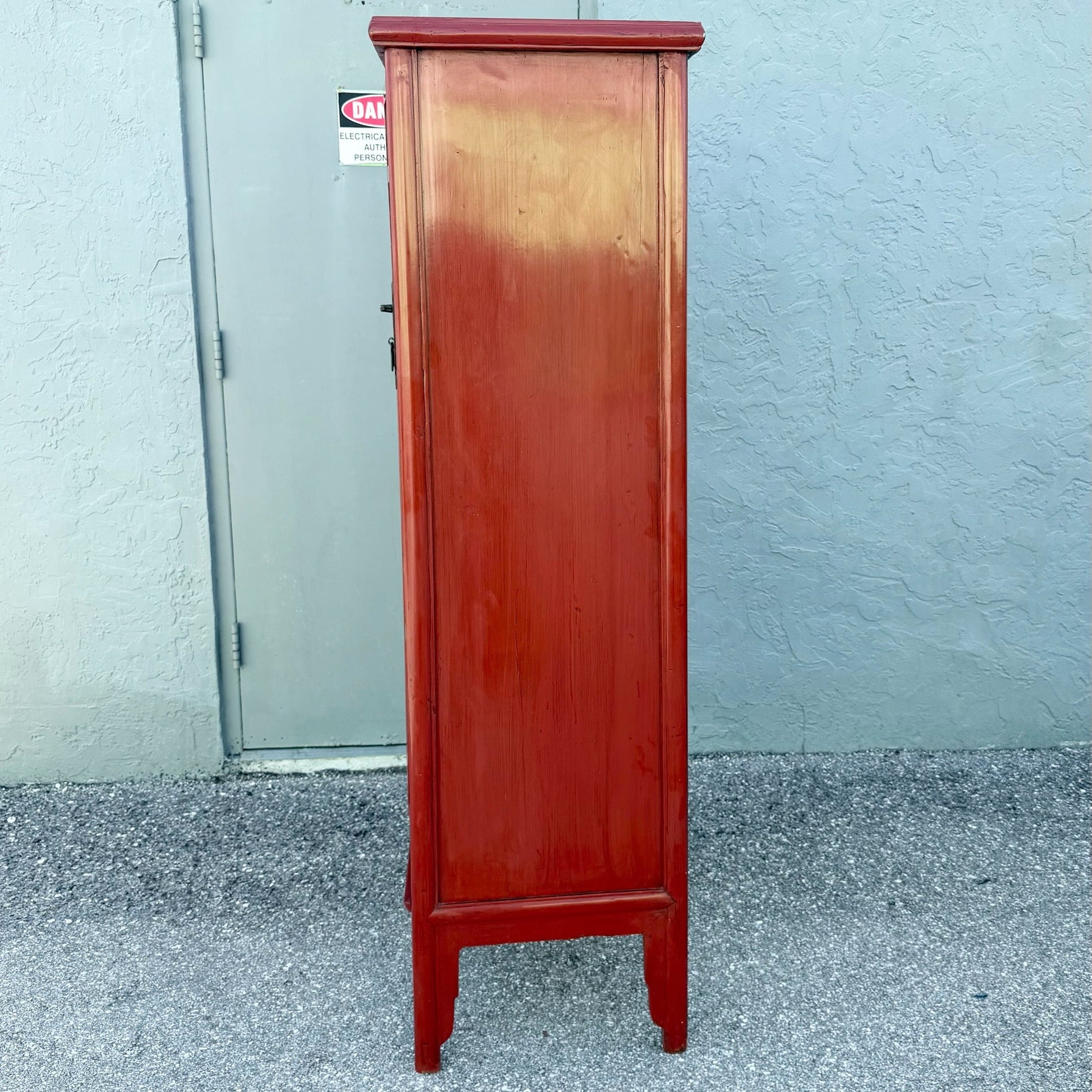 Vintage Chinese Red Wooden Cabinet Dolphin & Flamingo