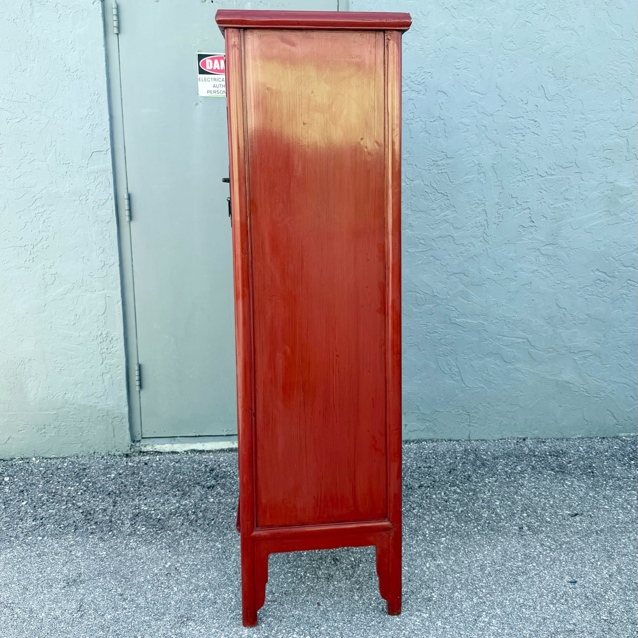Vintage Chinese Red Wooden Cabinet Dolphin & Flamingo
