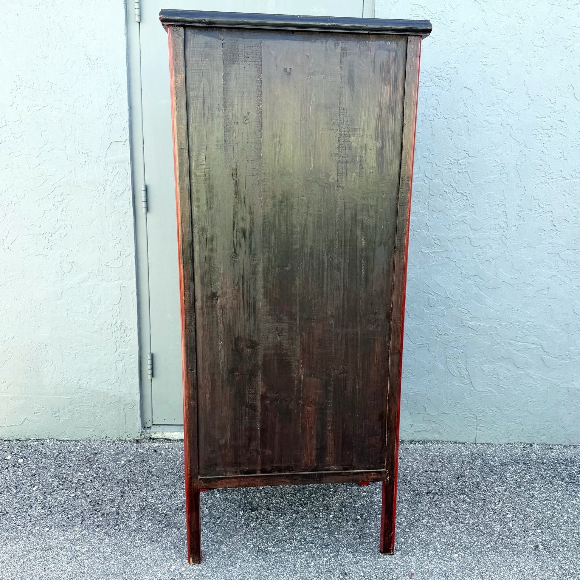 Vintage Chinese Red Wooden Cabinet Dolphin & Flamingo