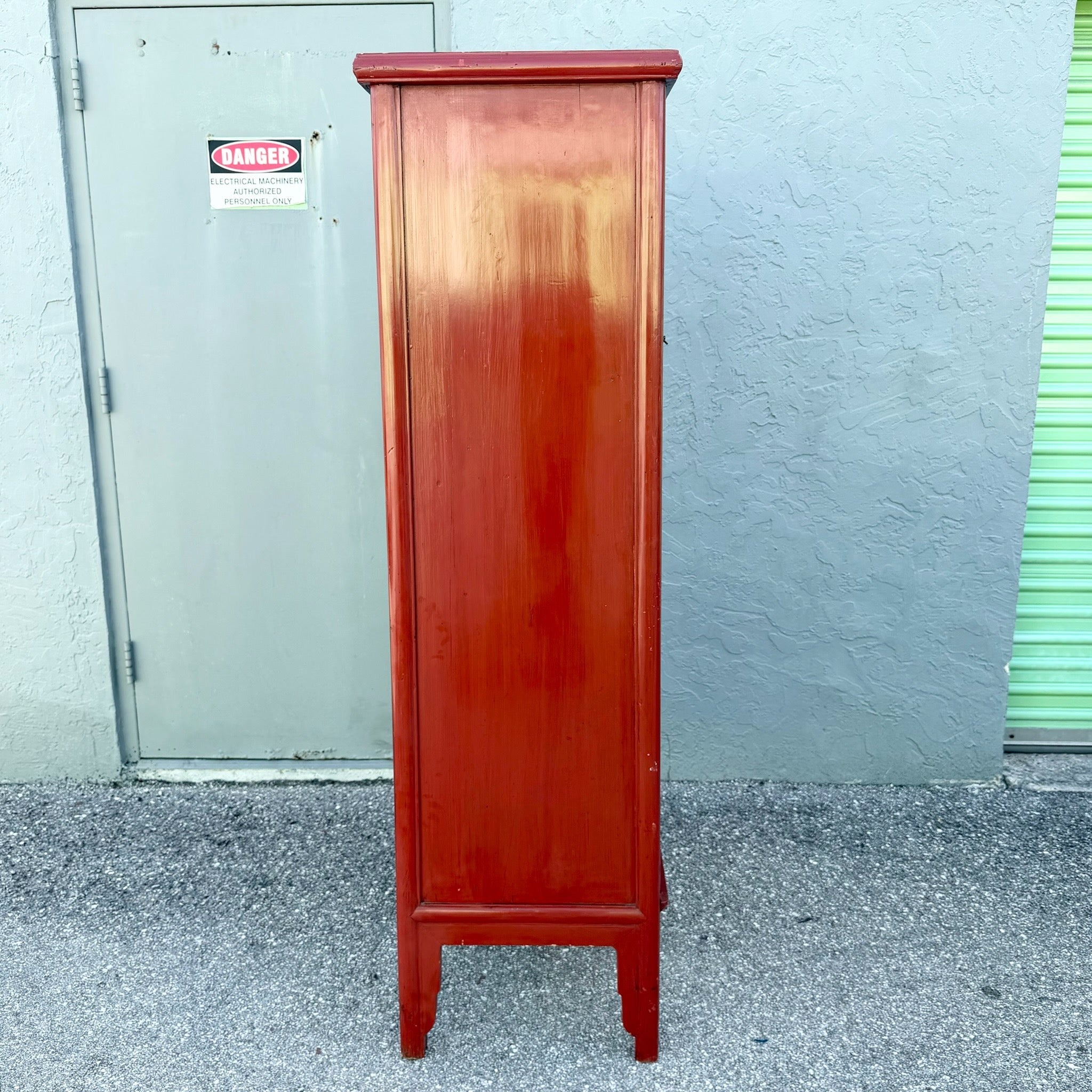 Vintage Chinese Red Wooden Cabinet Dolphin & Flamingo