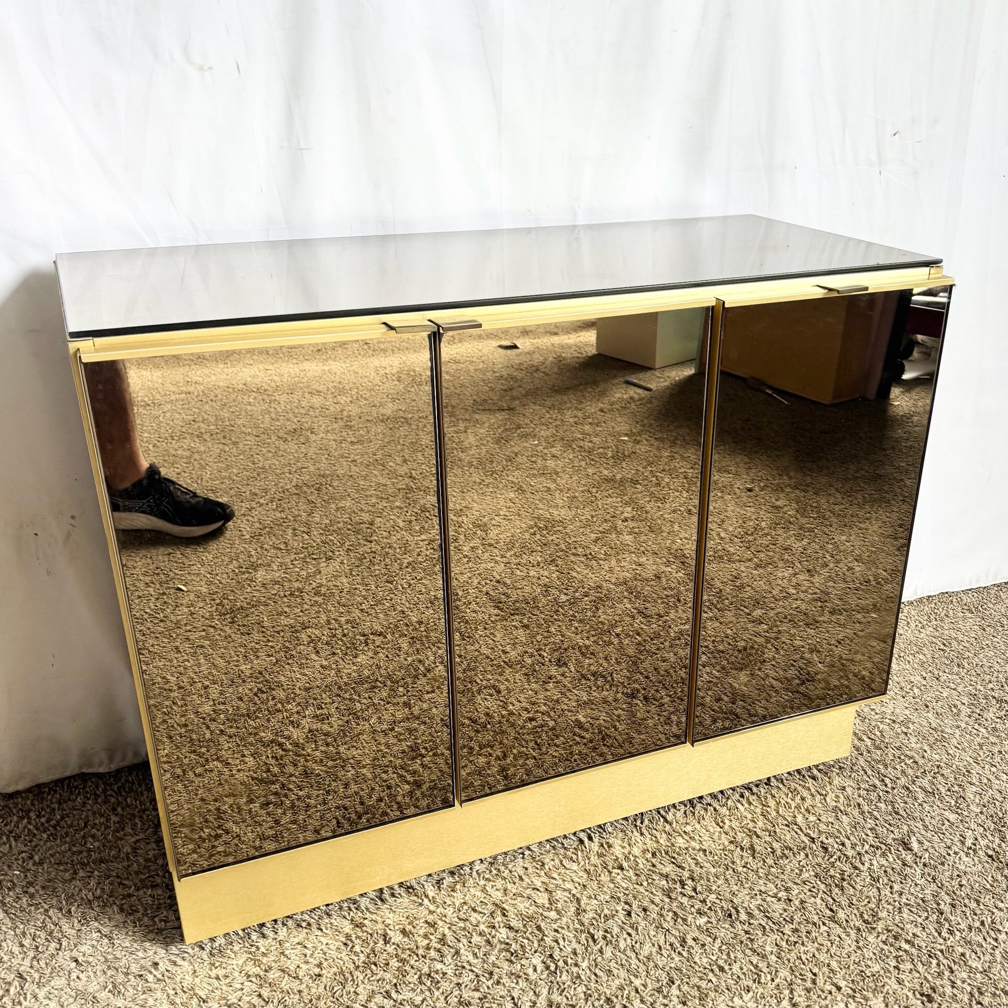 Postmodern Smoked Mirror and Gold Credenza