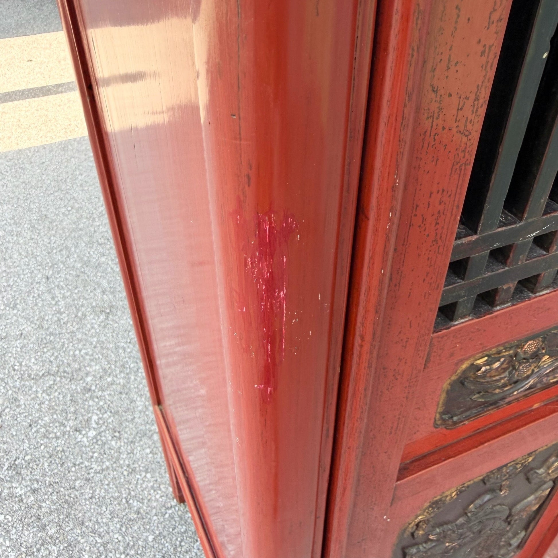 Vintage Chinese Red Wooden Cabinet Dolphin & Flamingo