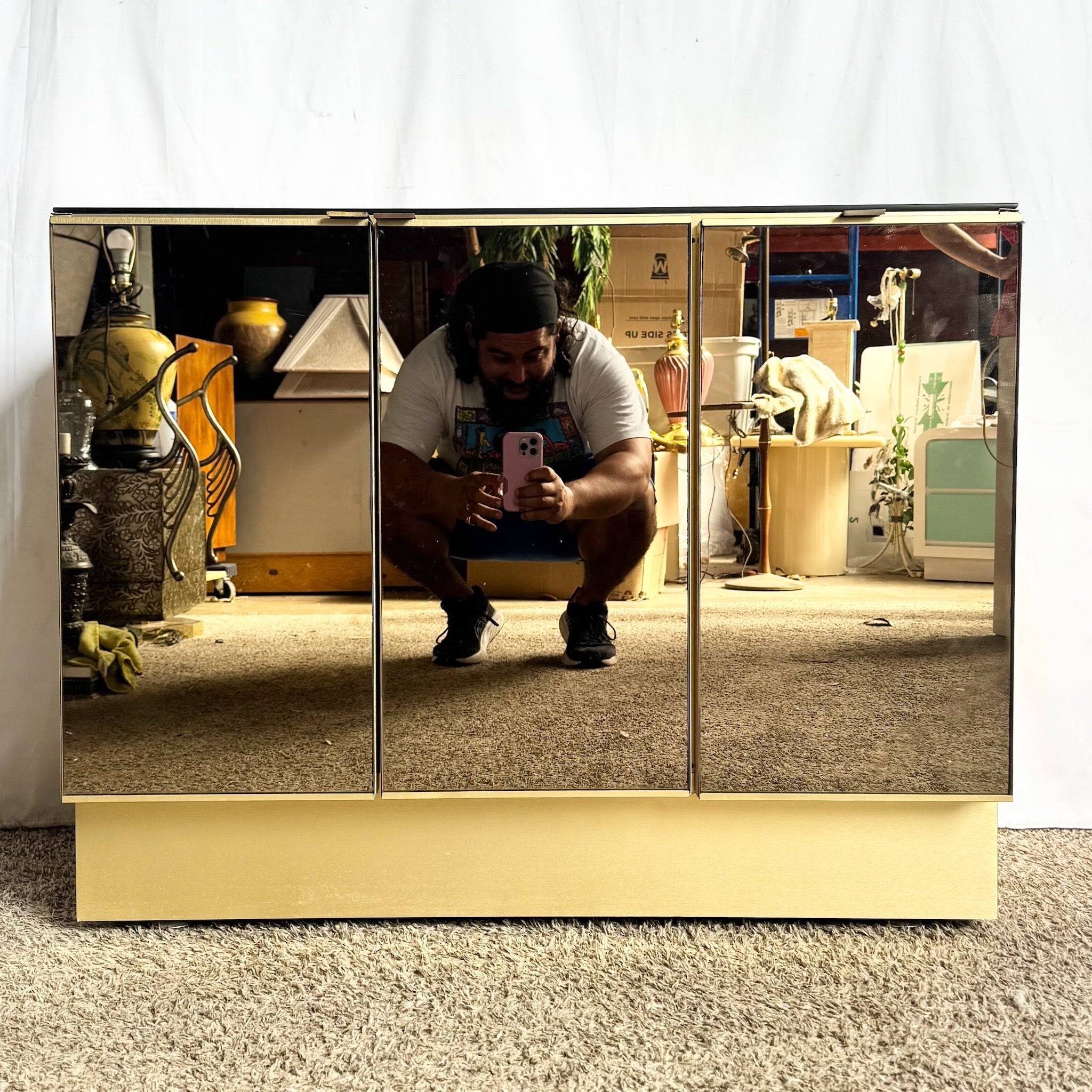 Postmodern Smoked Mirror and Gold Credenza