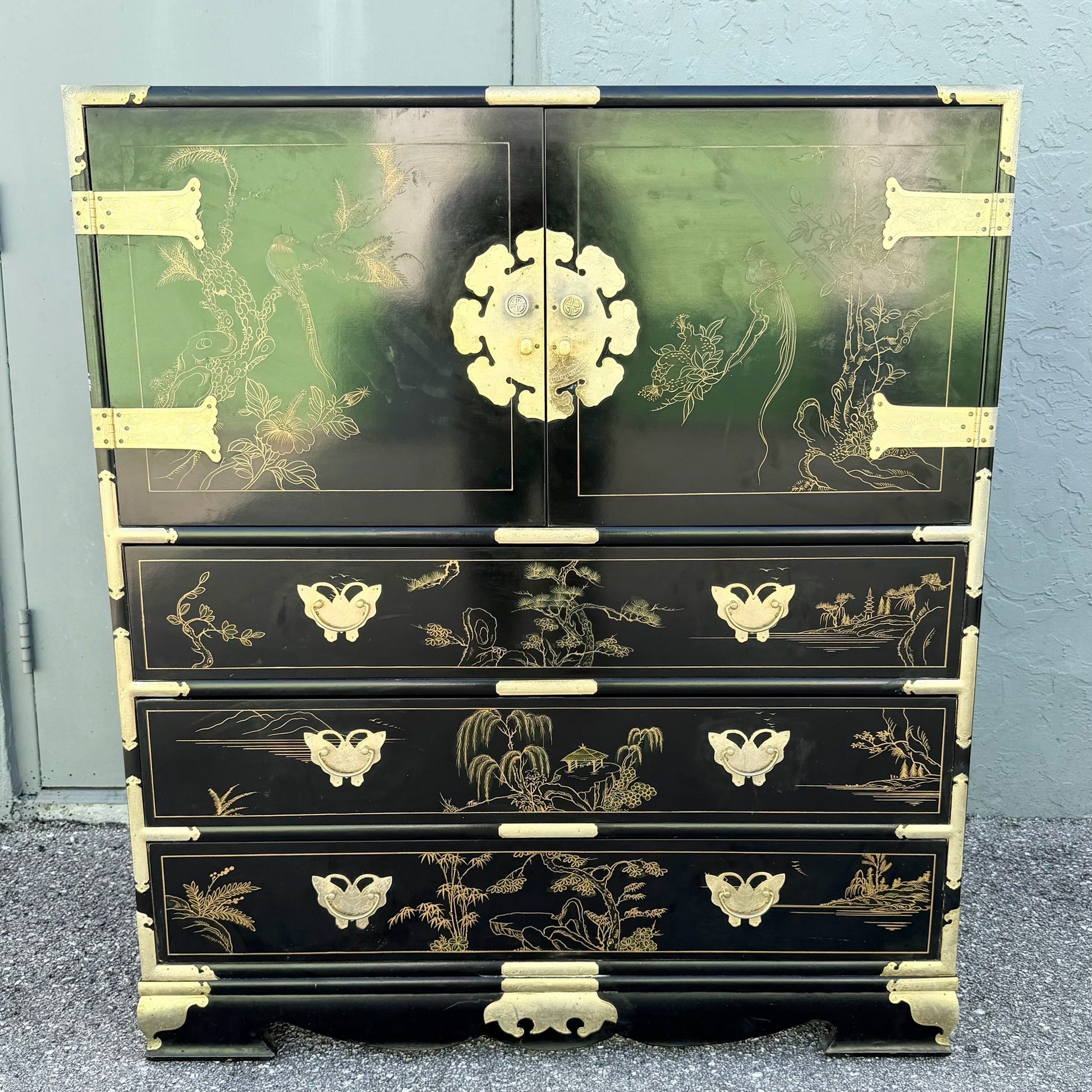 Chinese Black and Gold and Hand Painted Armoire/Chest of Drawers Dolphin & Flamingo