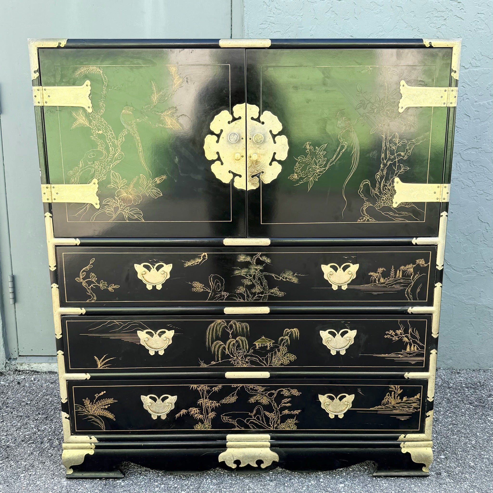 Chinese Black and Gold and Hand Painted Armoire/Chest of Drawers Dolphin & Flamingo