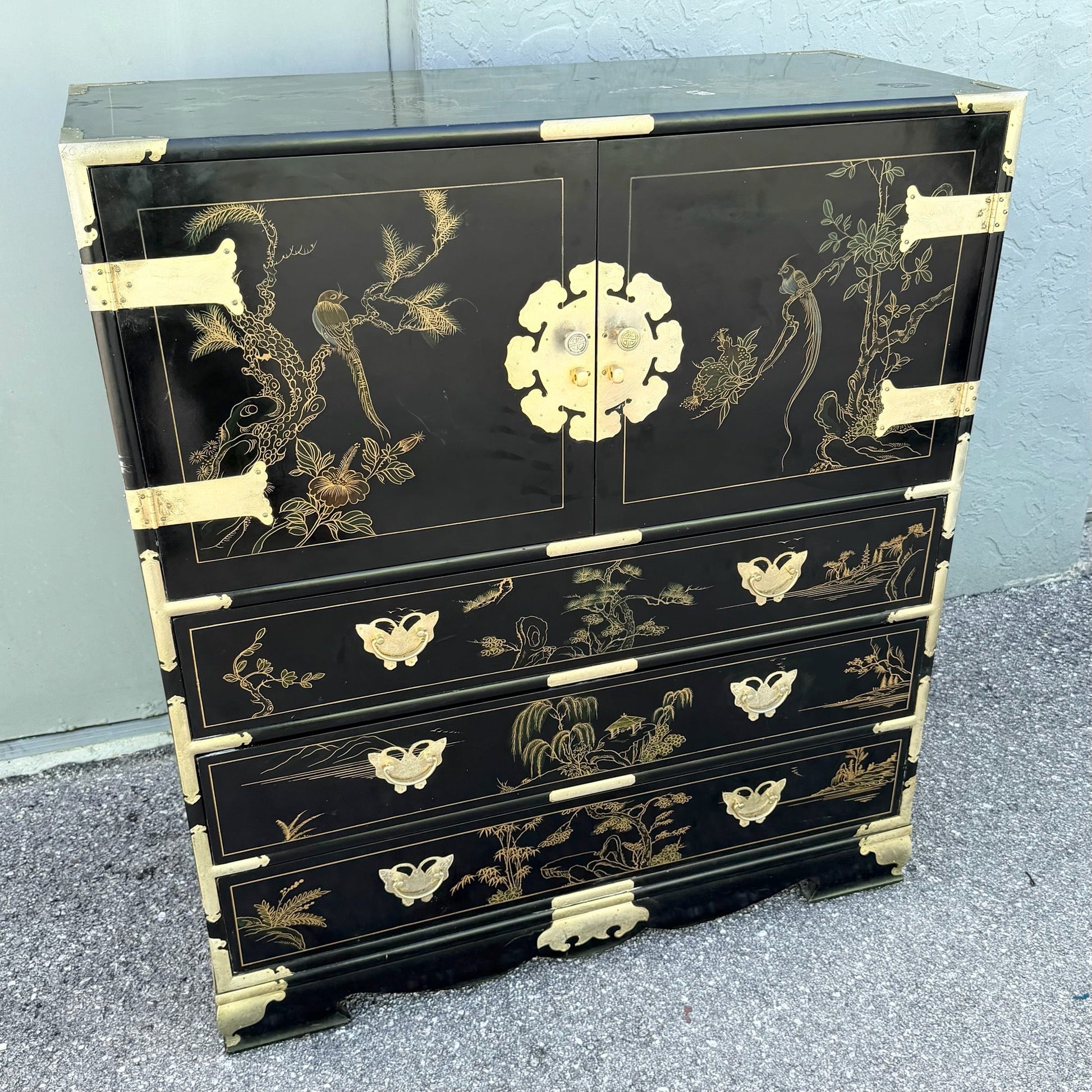 Chinese Black and Gold and Hand Painted Armoire/Chest of Drawers Dolphin & Flamingo