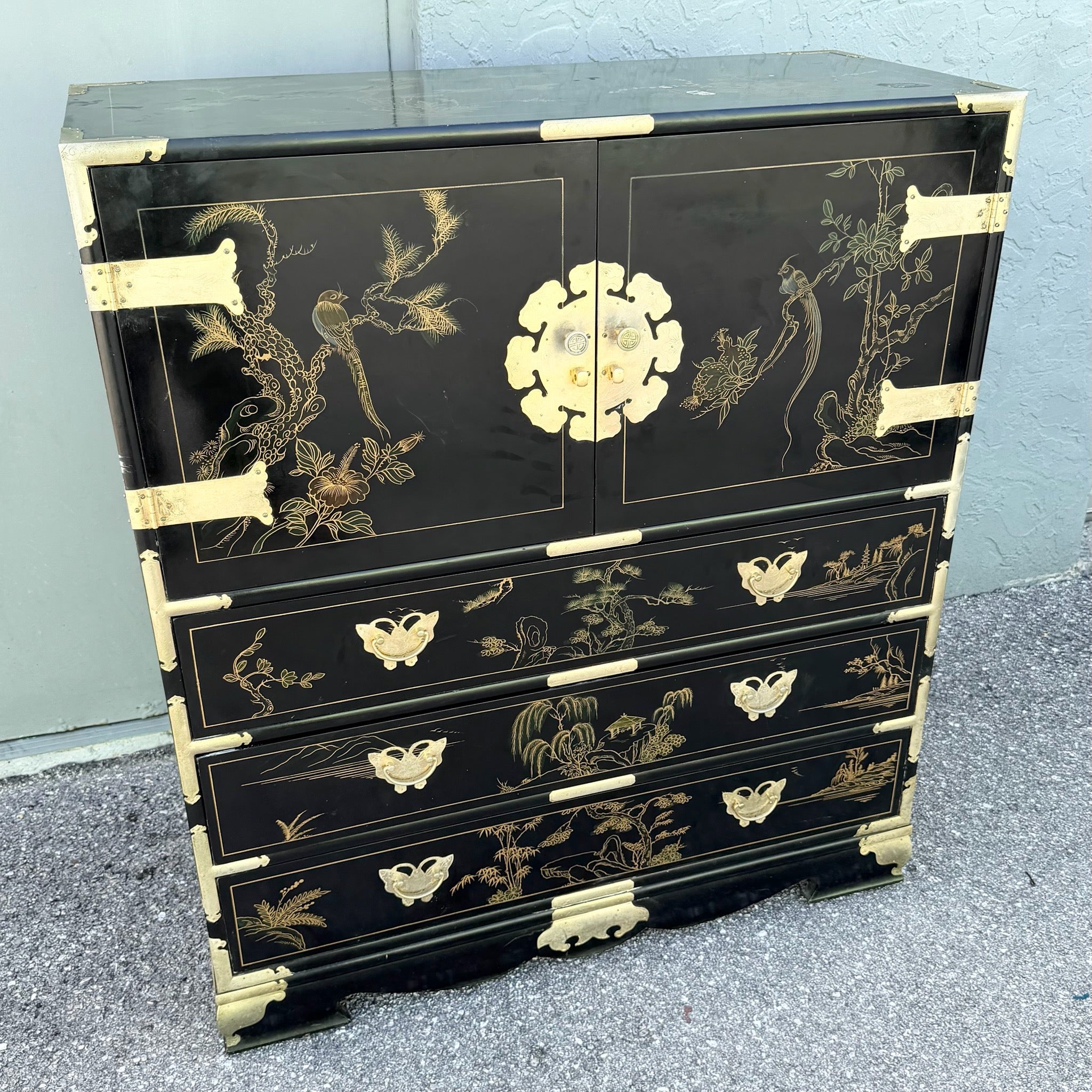 Chinese Black and Gold and Hand Painted Armoire/Chest of Drawers Dolphin & Flamingo