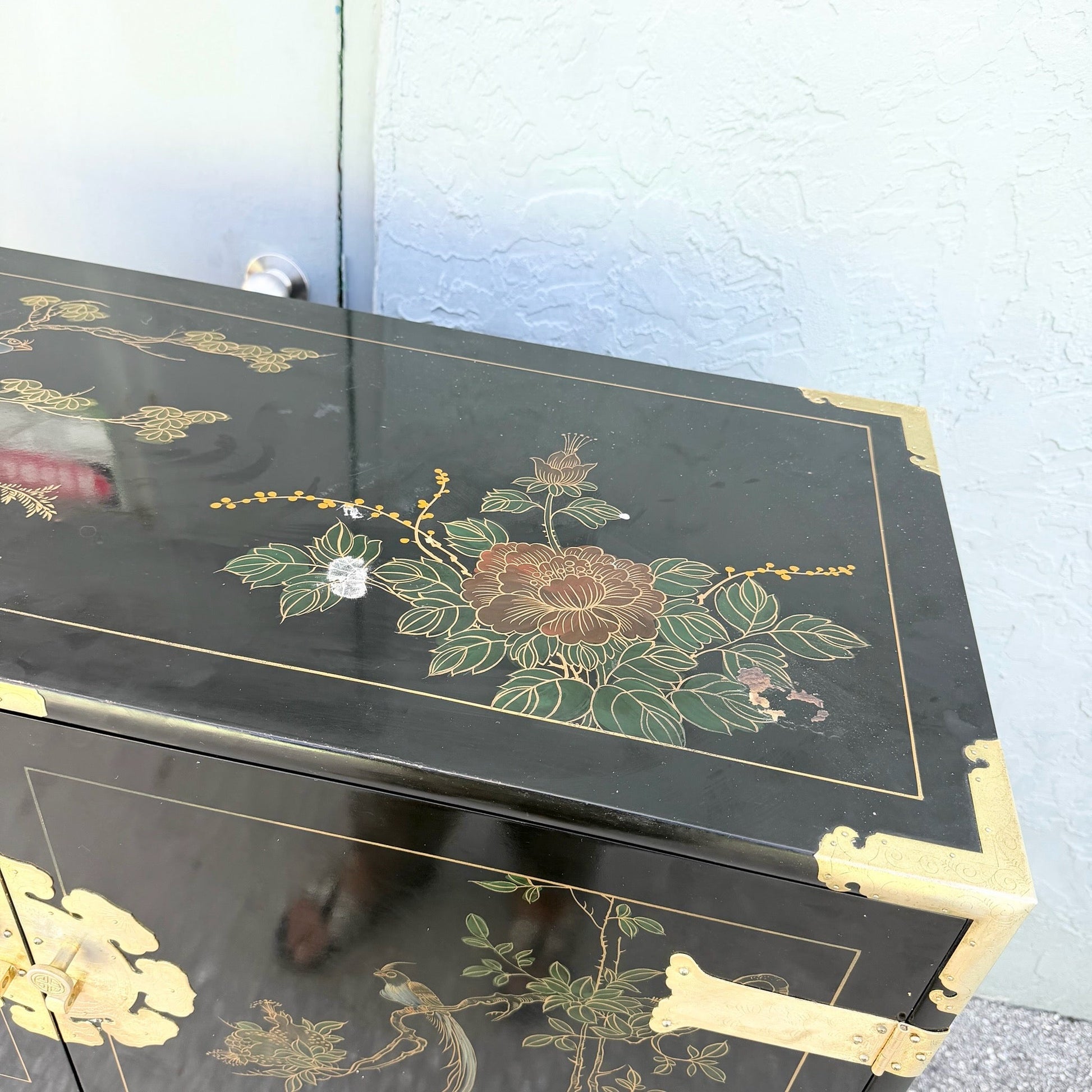 Chinese Black and Gold and Hand Painted Armoire/Chest of Drawers Dolphin & Flamingo