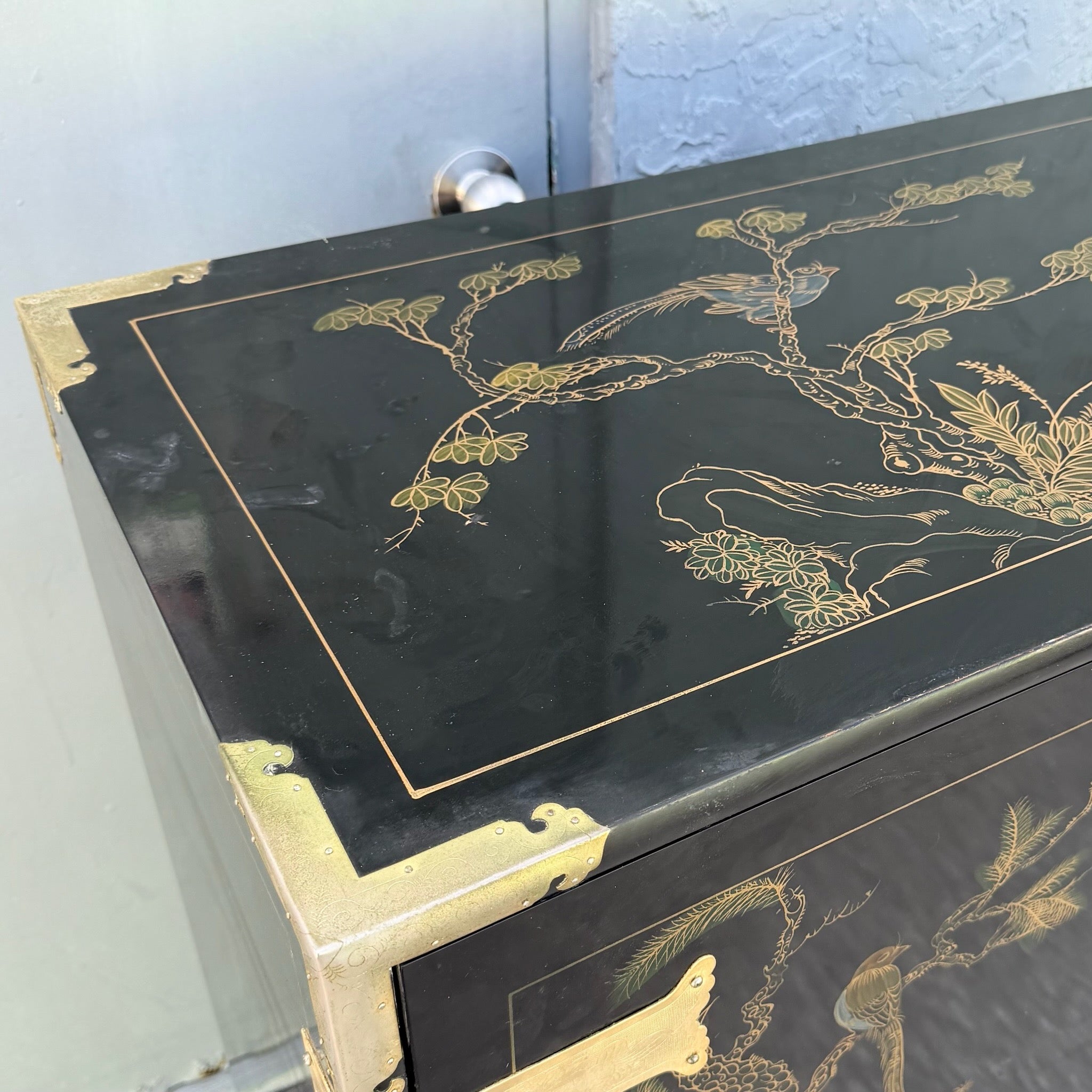 Chinese Black and Gold and Hand Painted Armoire/Chest of Drawers Dolphin & Flamingo