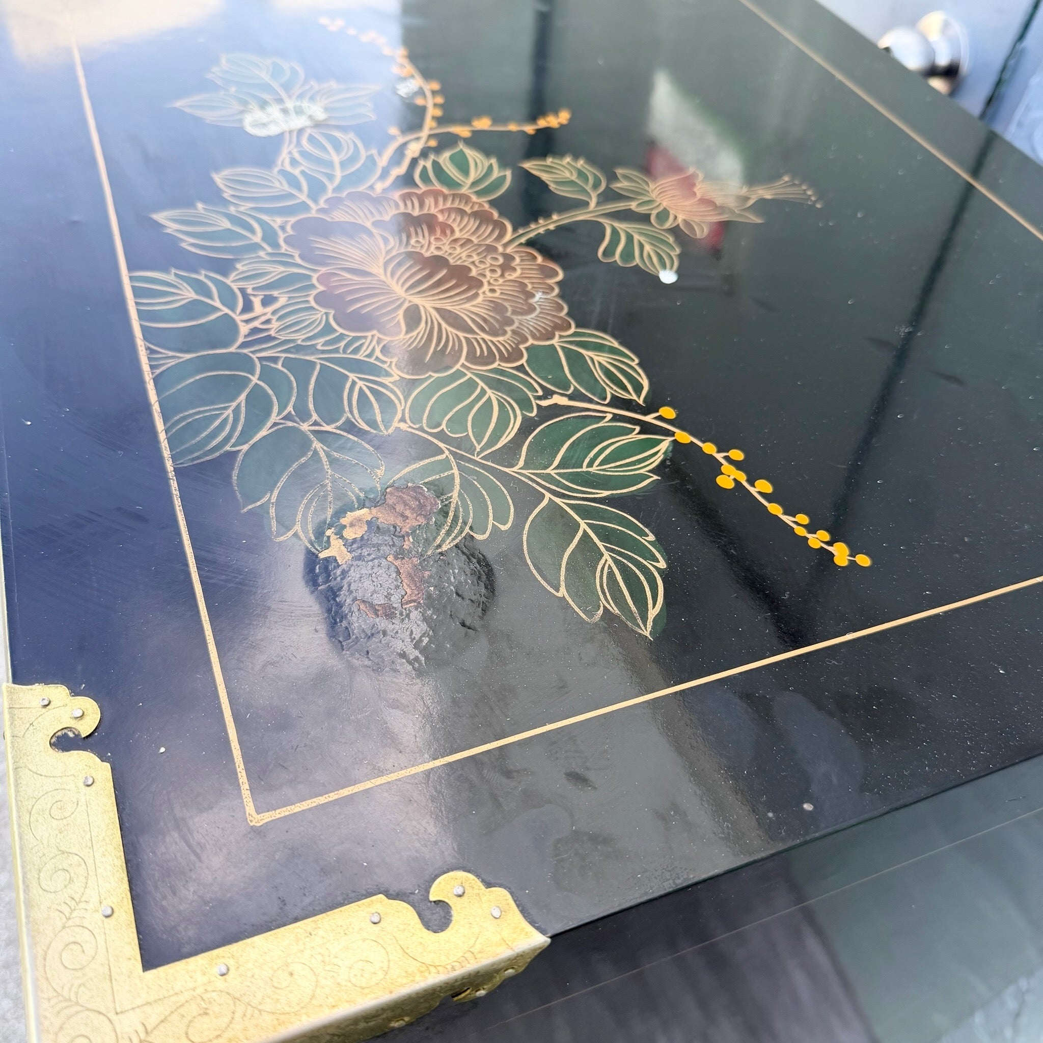Chinese Black and Gold and Hand Painted Armoire/Chest of Drawers Dolphin & Flamingo