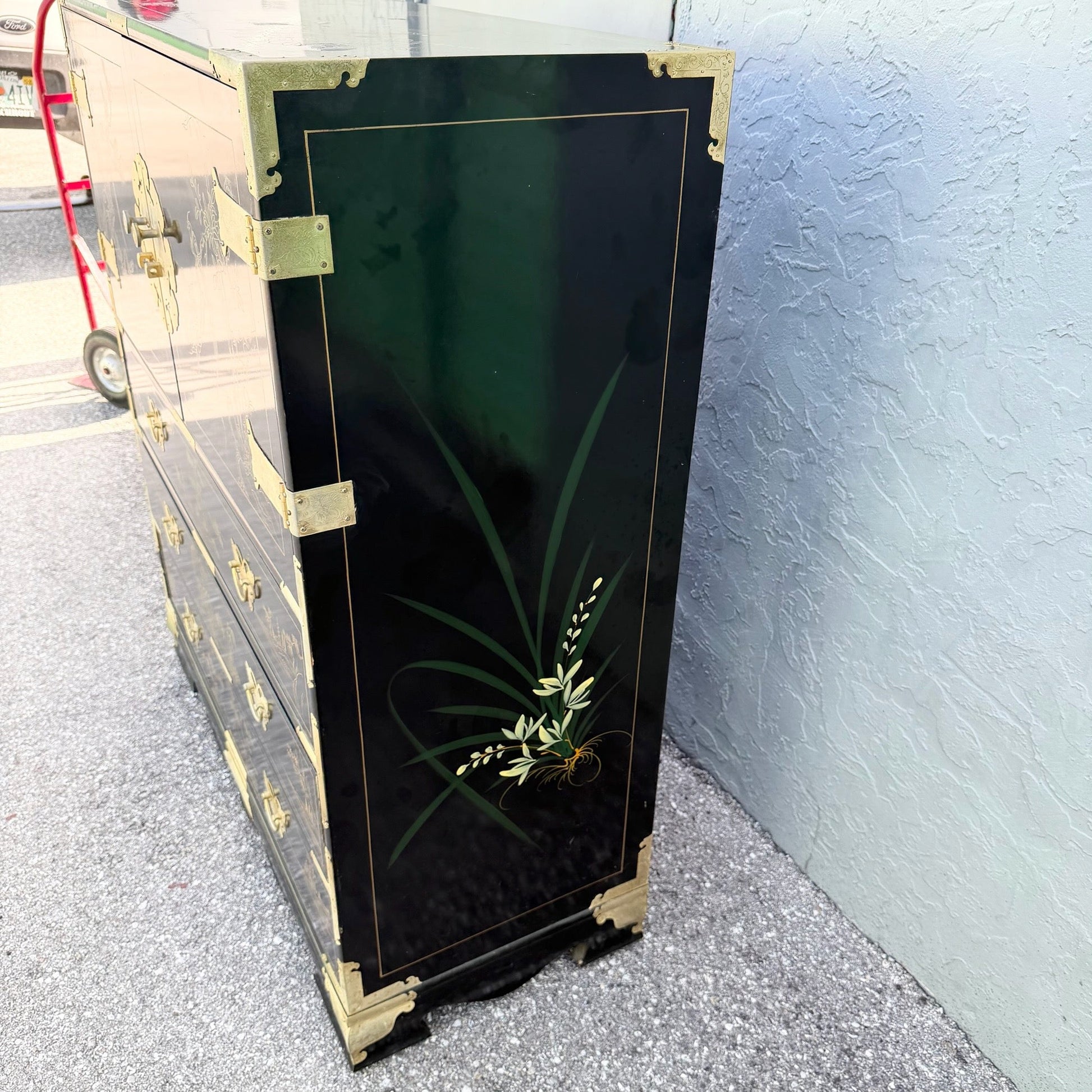 Chinese Black and Gold and Hand Painted Armoire/Chest of Drawers Dolphin & Flamingo