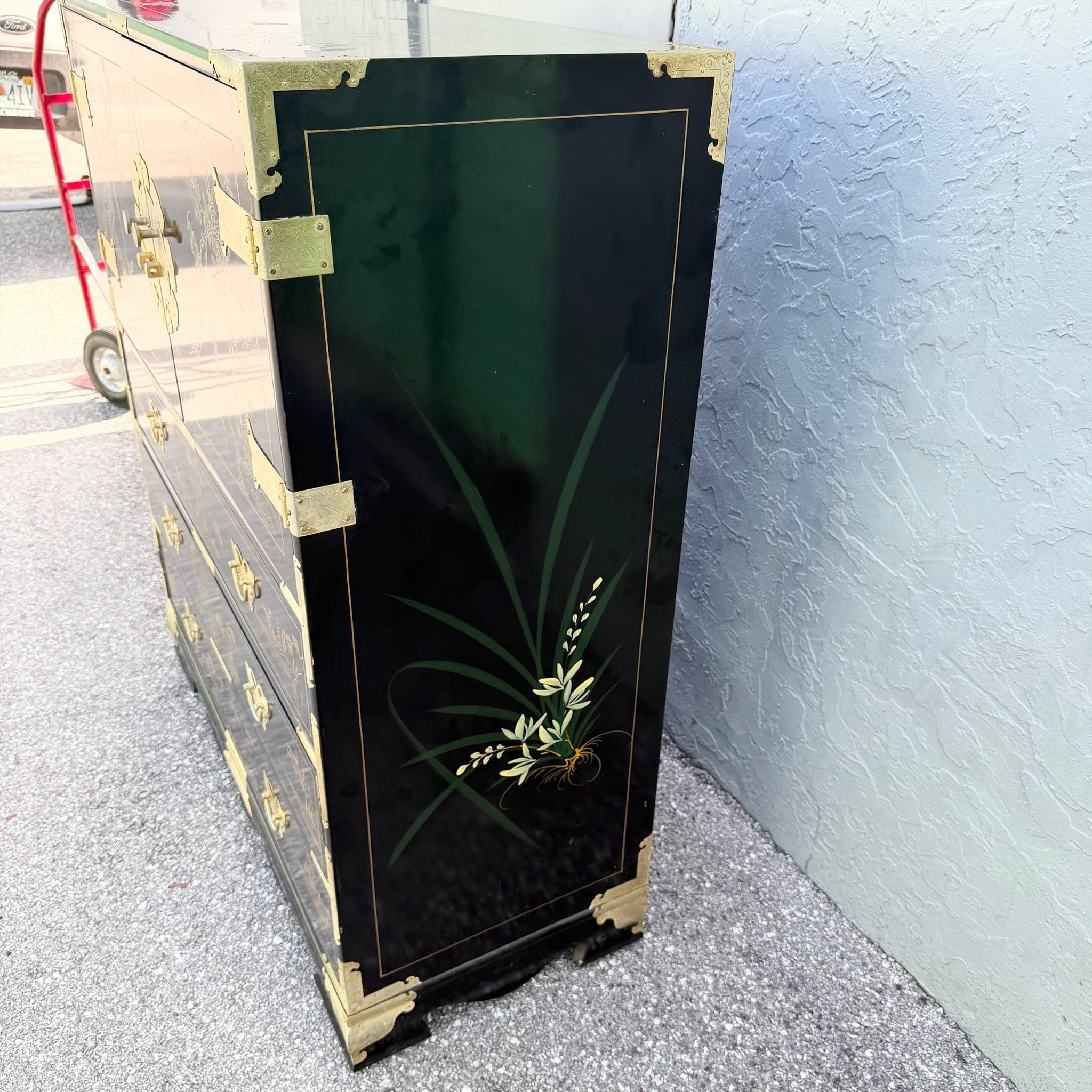 Chinese Black and Gold and Hand Painted Armoire/Chest of Drawers Dolphin & Flamingo